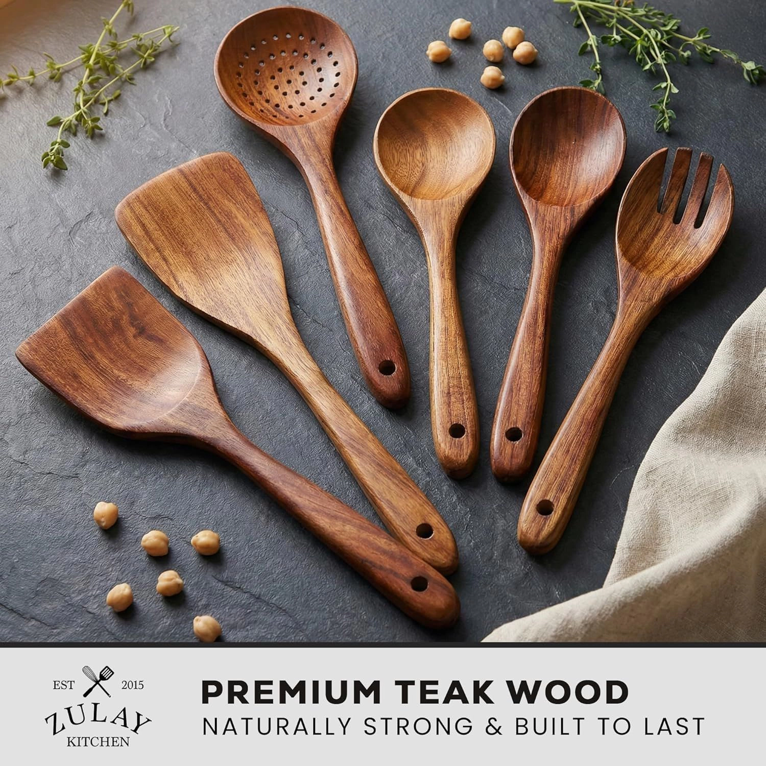 Zulay Kitchen 6-Piece Wooden Cooking Spoons Set with Comfort Grip
