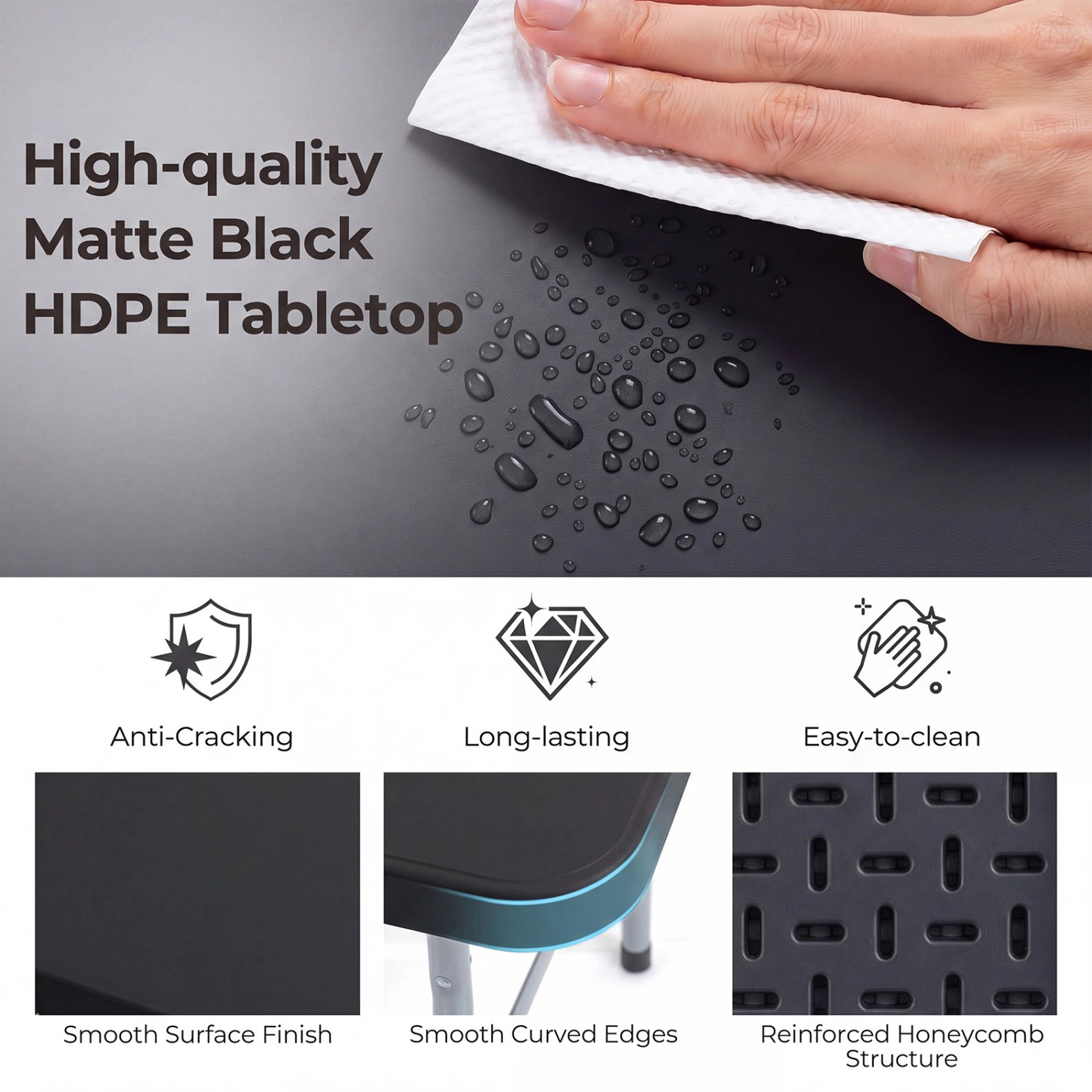 SUGIFT 6 ft Fold-in-Half Camping Table Black HDPE Portable Outdoor Table