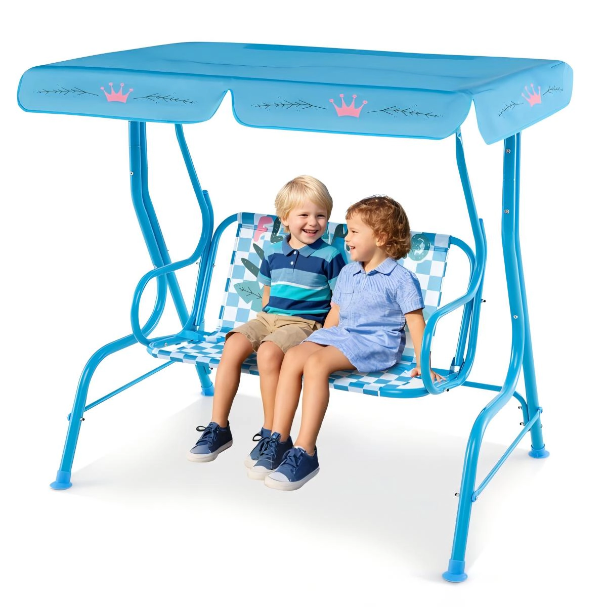 SUGIFT 2-Seat Kids Outdoor Swing with Metal Stand, Canopy and Safety Belts, Navy