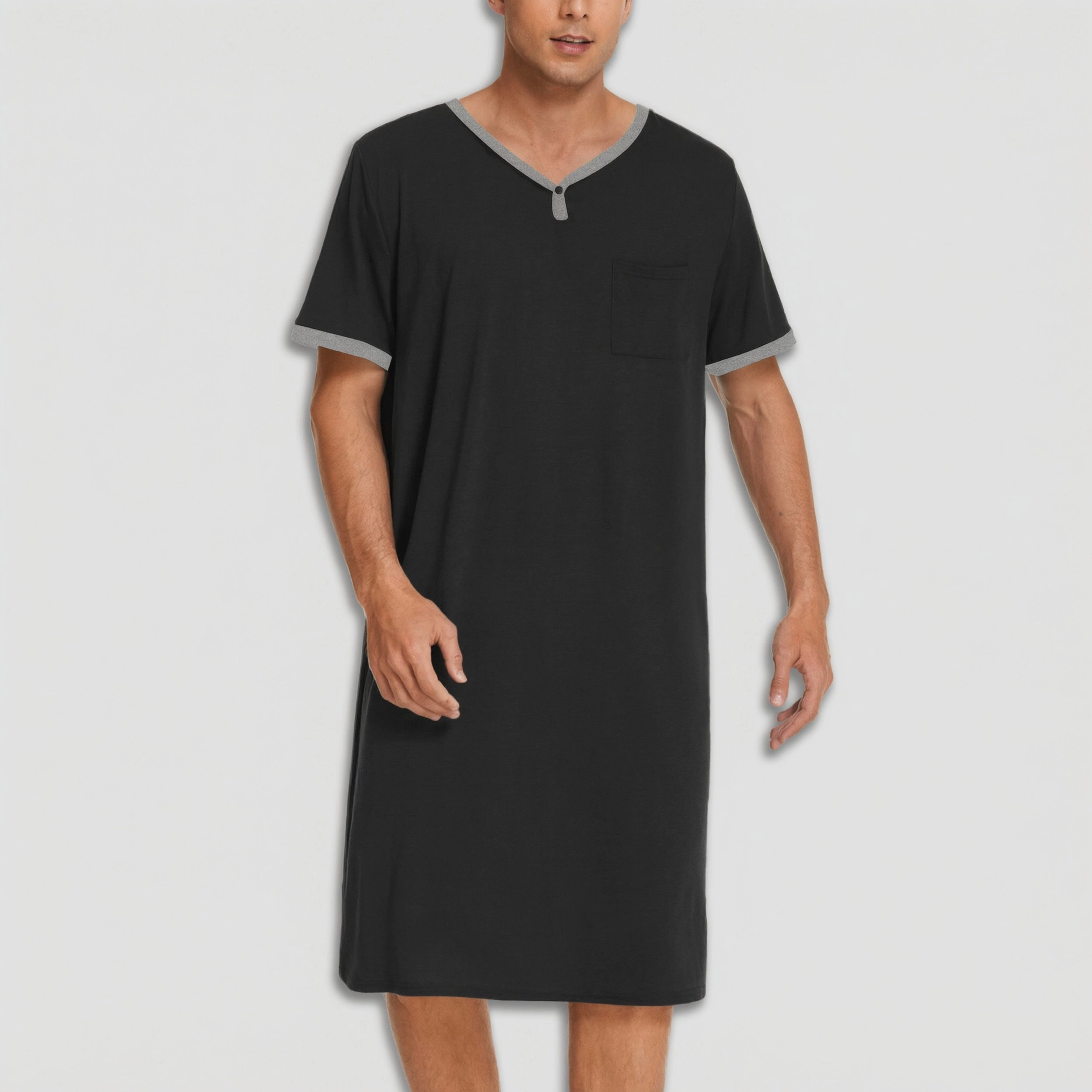 Ekouaer Men's V Neck Short Sleeve Nightshirt Sleep Shirt with Pocket