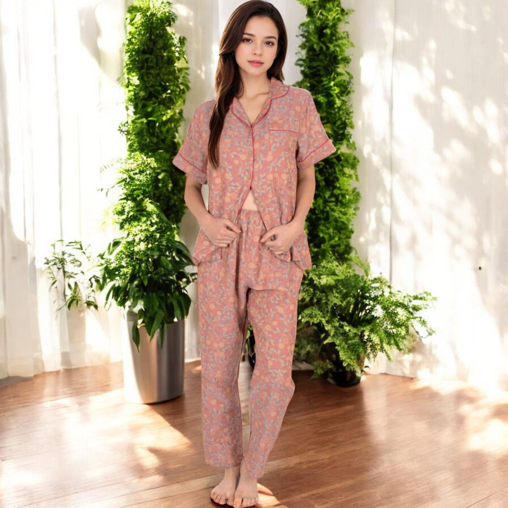 Anna-Kaci Women's Floral Print Short Sleeve Pajama Set with Button Up Top and Piping Details
