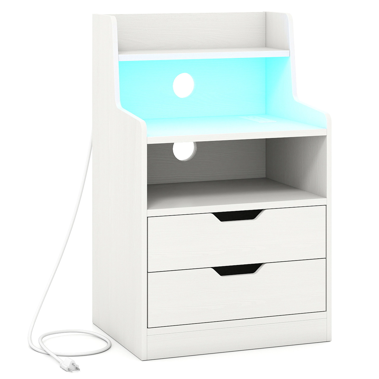 SUGIFT 28.5-Inch White LED Nightstand with Storage, Music Sync and Charging Station