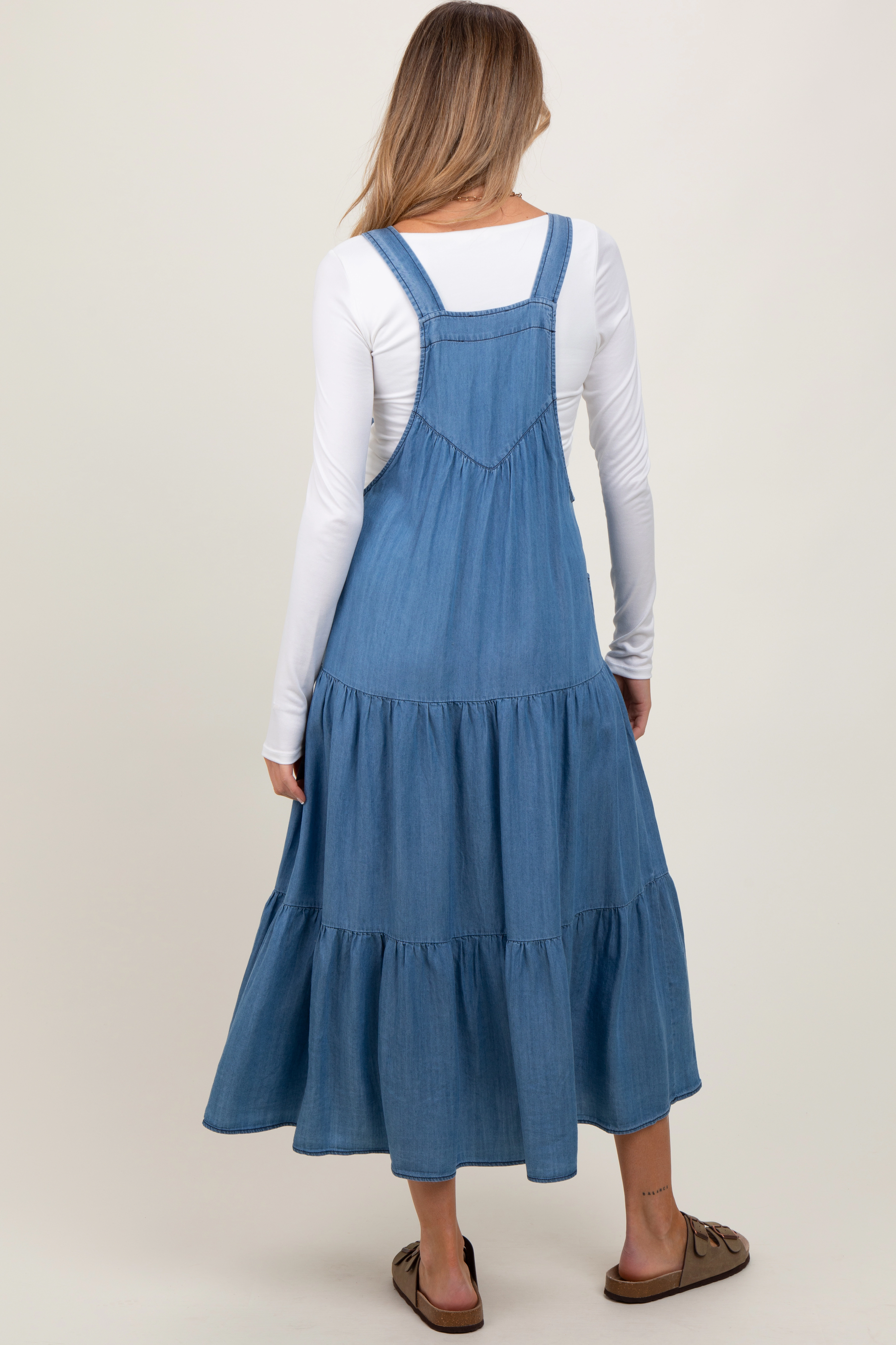 PinkBlush Womens Blue Chambray Overall Tiered Maternity Midi Dress