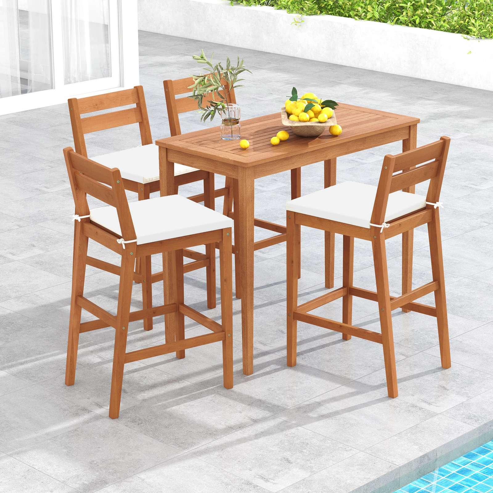 SUGIFT Off White Soft Seat Cushions Set of 2 Outdoor Eucalyptus Wood Bar Stools