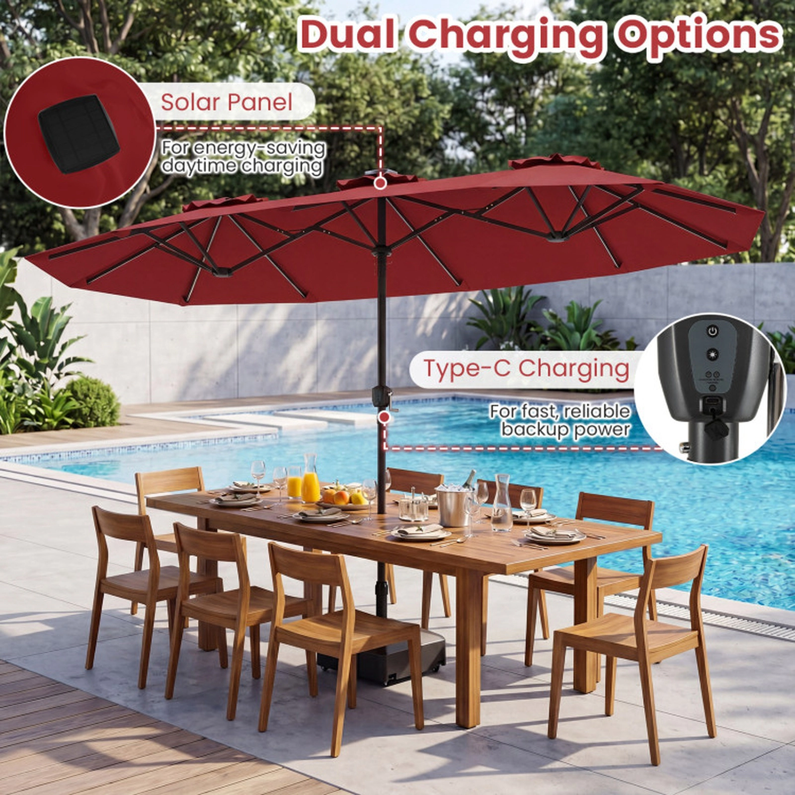 SUGIFT 13-ft Red Rectangular Solar Patio Umbrella with 108 LED Lights