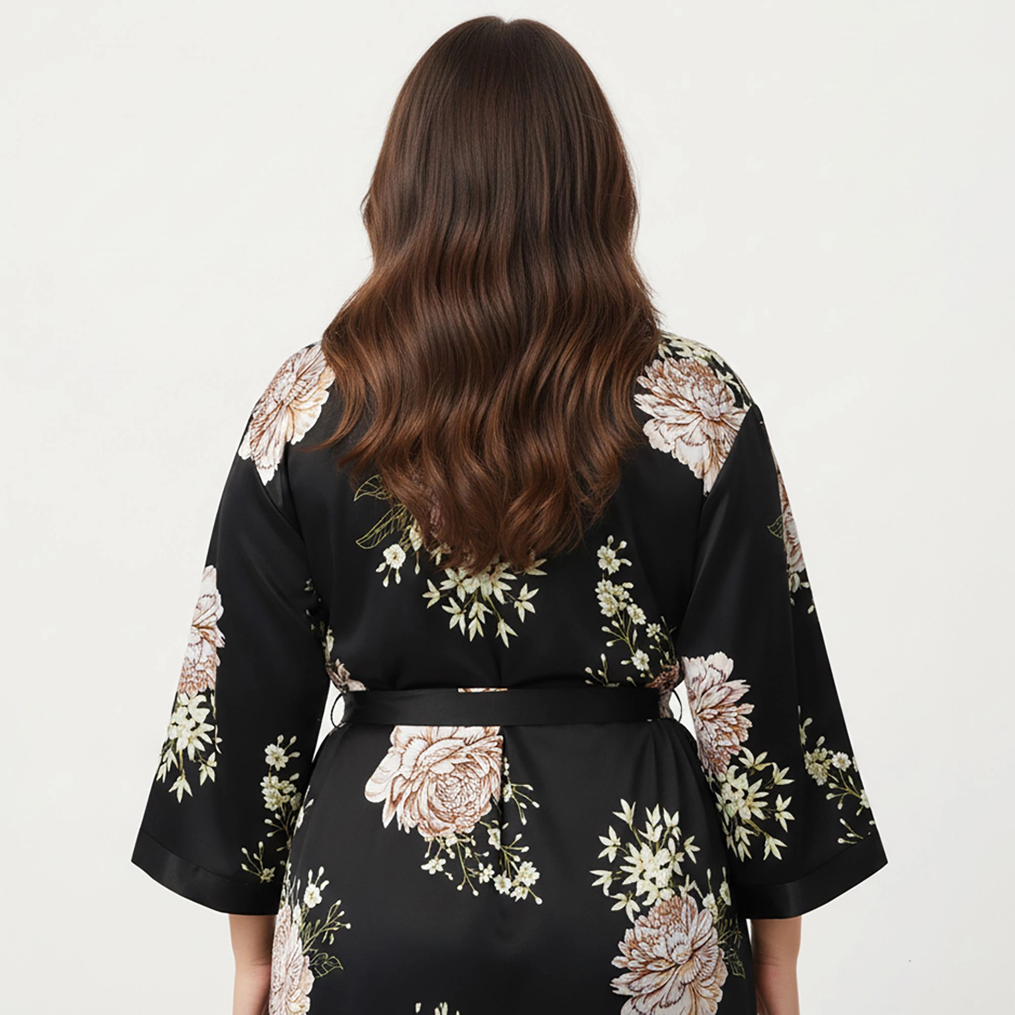 Anna-Kaci Women's Plus Floral Satin Long Robe with Contrast Trim Wrap Front Silhouette and Waist Tie Belt