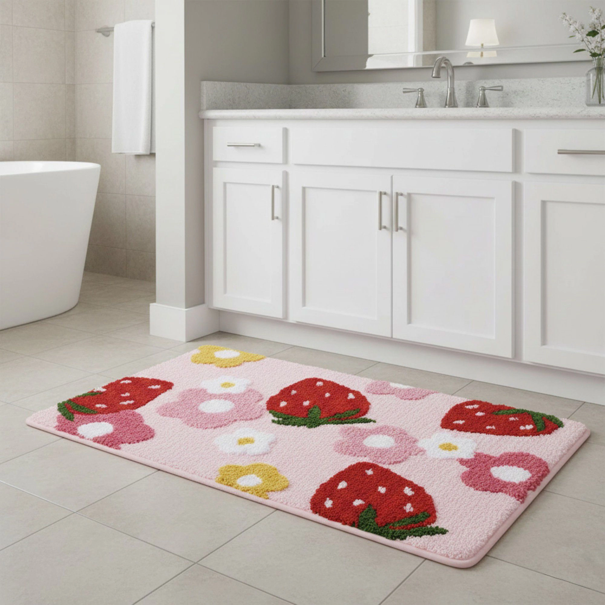 Alilang Unisex Strawberry and Floral Pattern Soft Absorbent Bathroom Floor Mat with Non Slip Backing