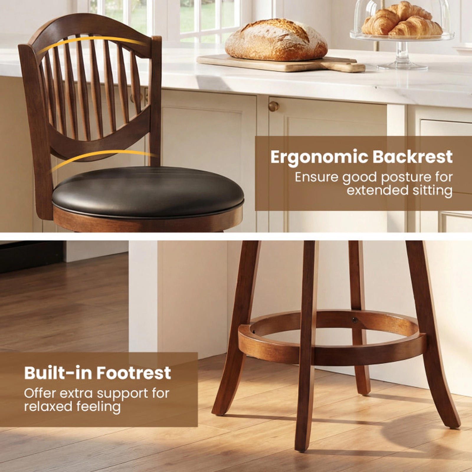 SUGIFT 360-Degree Swivel Bar Stools with Backrest 330-lb Capacity 25-in Seat Height Expresso and Black Set of 2
