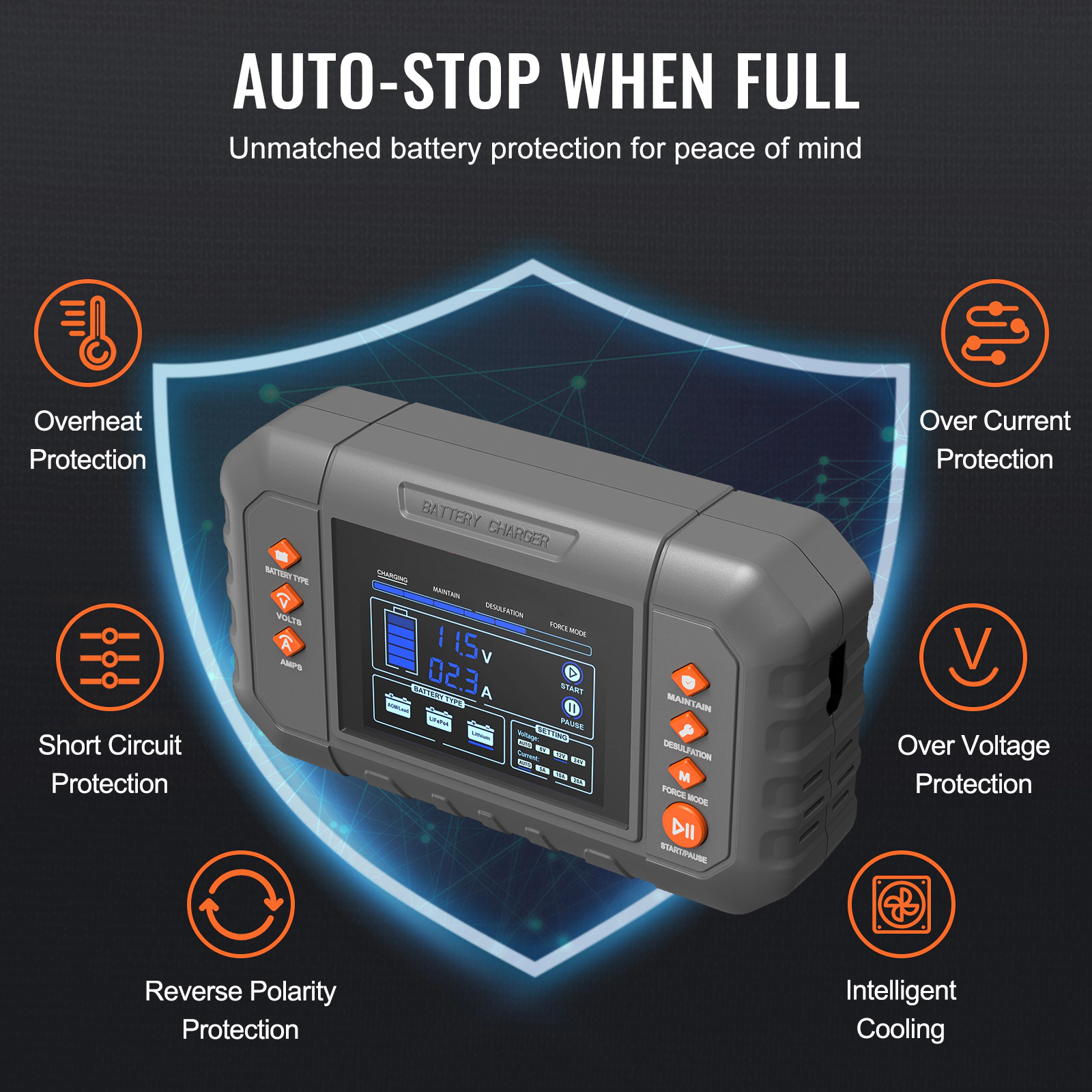 HONGGE Smart Battery Charger Lithium LiFePO4 Lead-Acid AGM / Gel / SLA Car Battery Charger with LCD Display Trickle