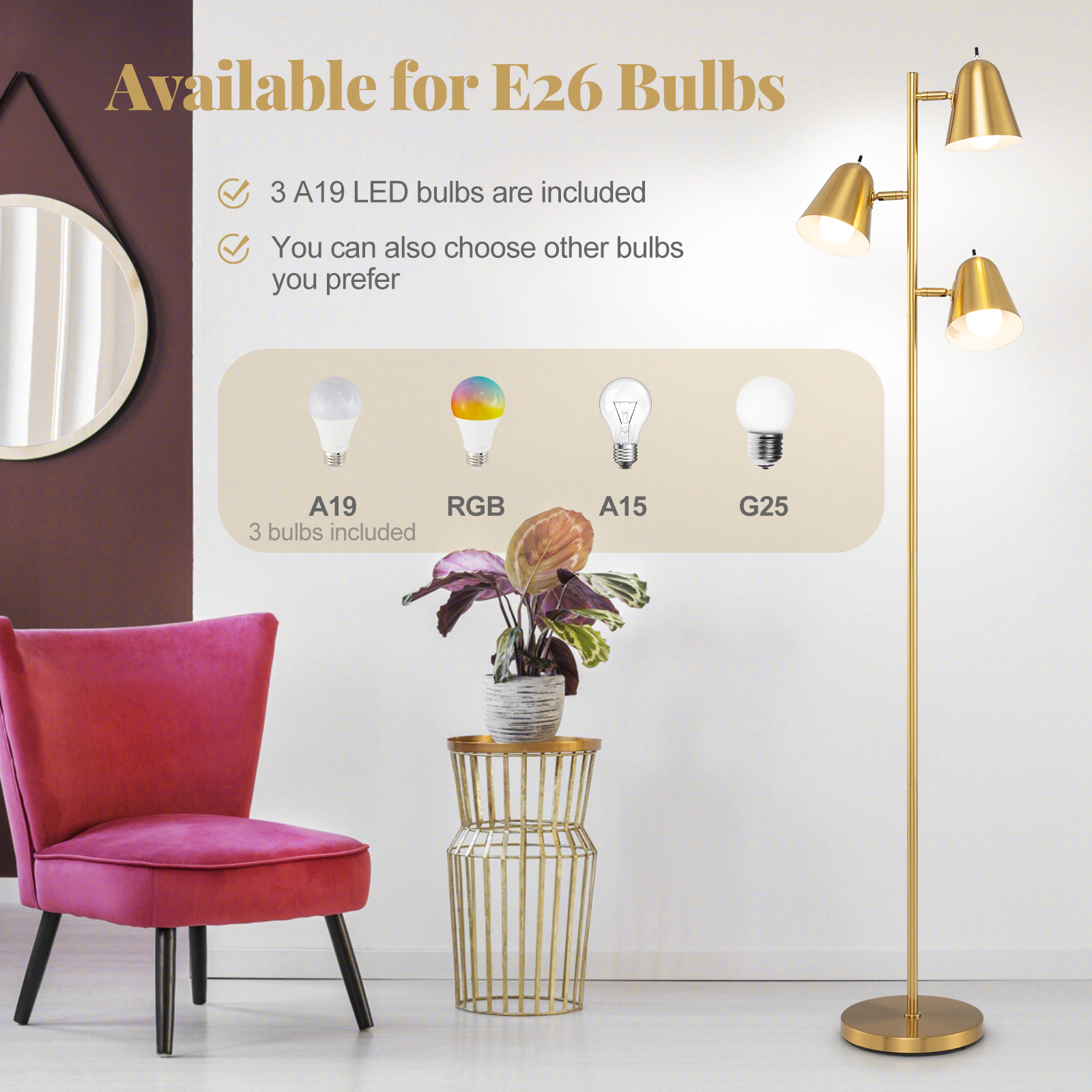 Slickblue Gold 3-Light Floor Lamp 64in Adjustable Reading Lamp with Individual Switches