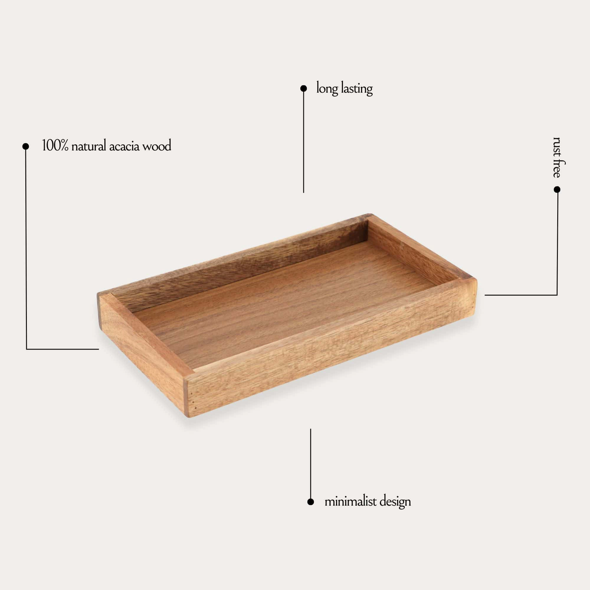 Evideco French Home Goods Acacia Wood Rectangular Vanity Tray 7.14 x 4.6 x 1 in