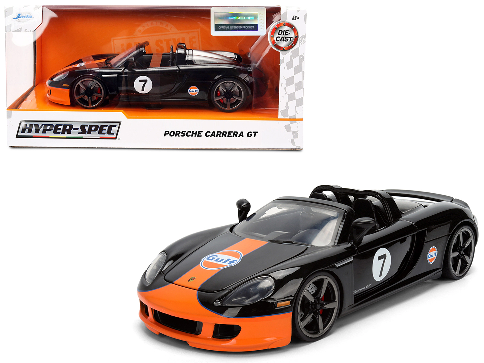 Jada Porsche Carrera Gt Convertible #7 "Gulf Oil" Black With Orange Graphics "Hyper-Spec" Series 1/24 Diecast