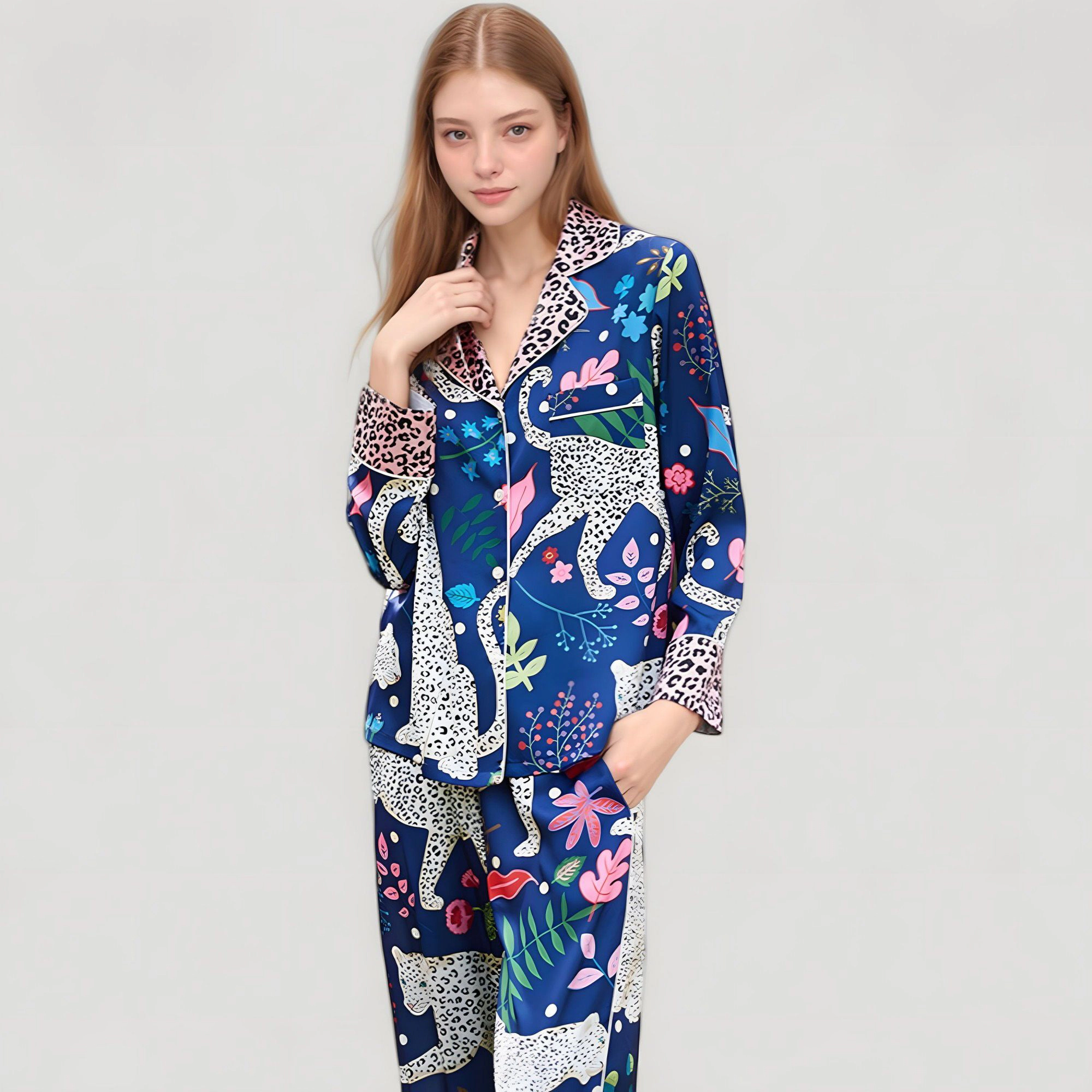 Anna-Kaci Women's Satin Leopard and Botanical Print Pajama Set with Button Up Long Sleeve Shirt Relaxed Fit Pants