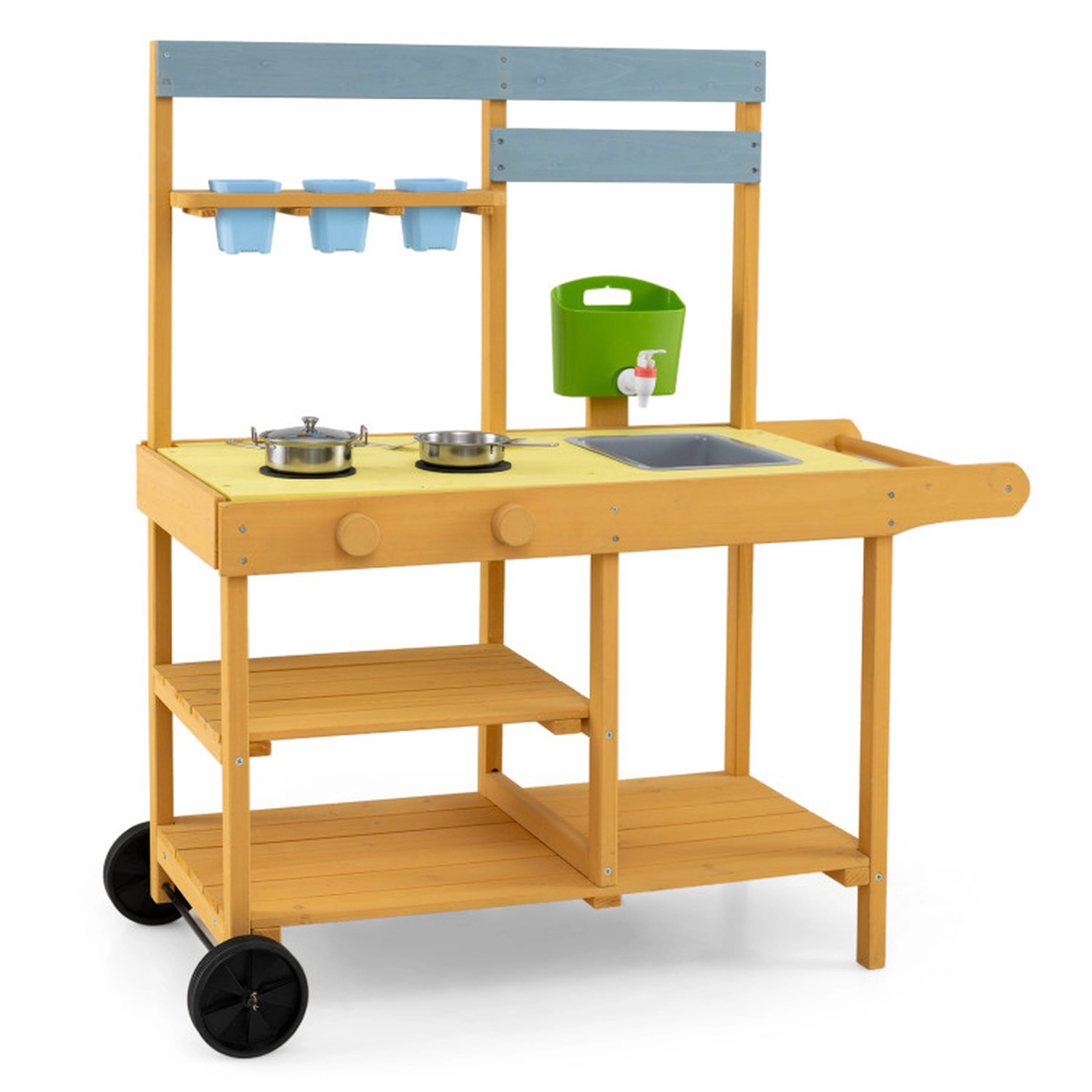 SUGIFT Wooden Outdoor Mud Kitchen with Water Tank Flowerpots and Wheels Ages 3+ Natural & Yellow
