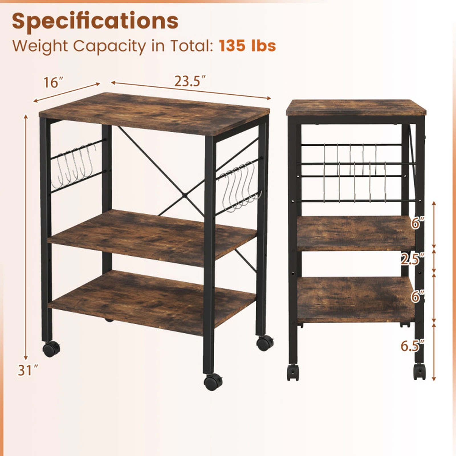 SUGIFT 3-Tier Kitchen Bakers Rack Rustic Brown Microwave Cart with 10 Hooks
