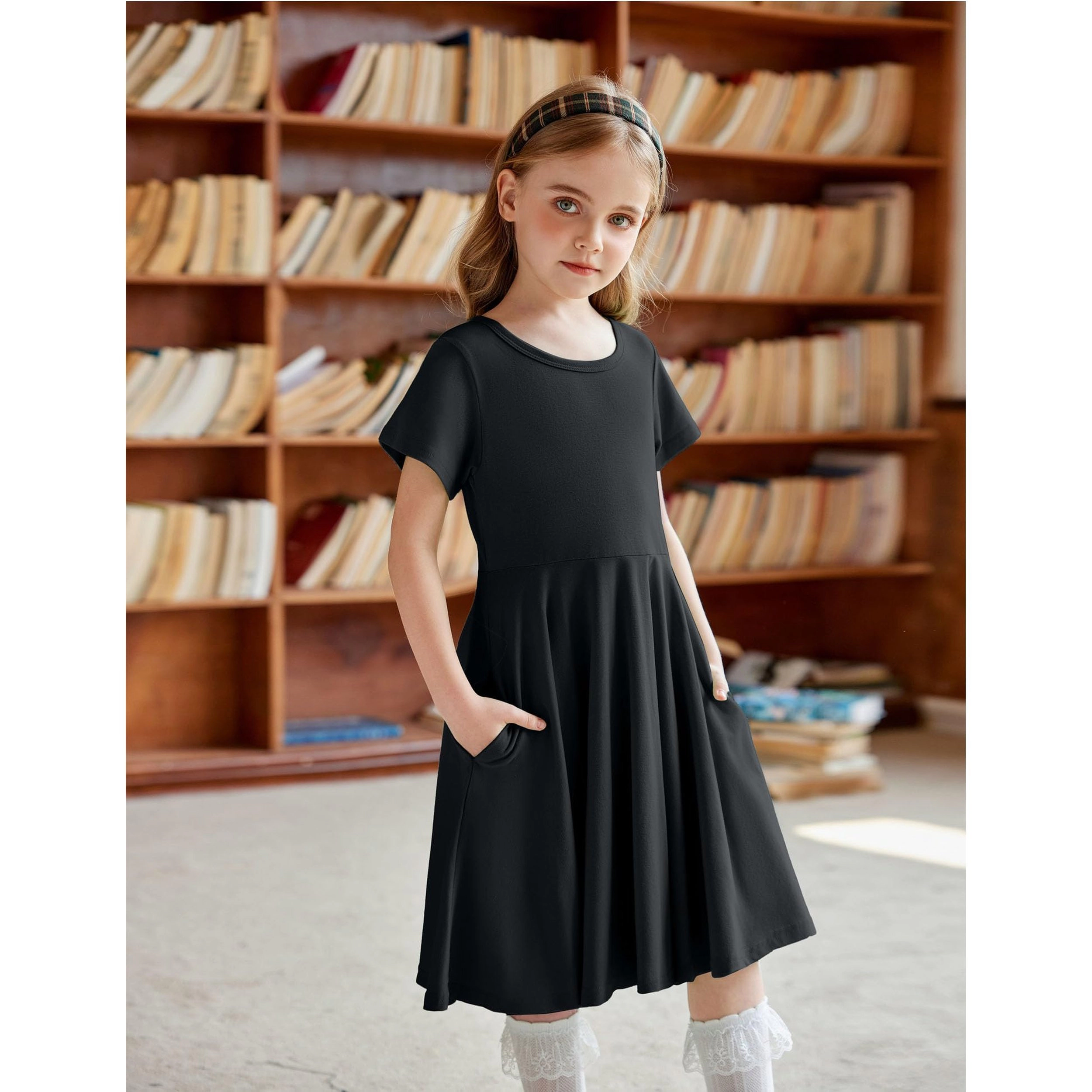 Arshiner Girl's Summer Dresses Short Sleeve Casual Holiday Skater Twirl Dress with Pockets