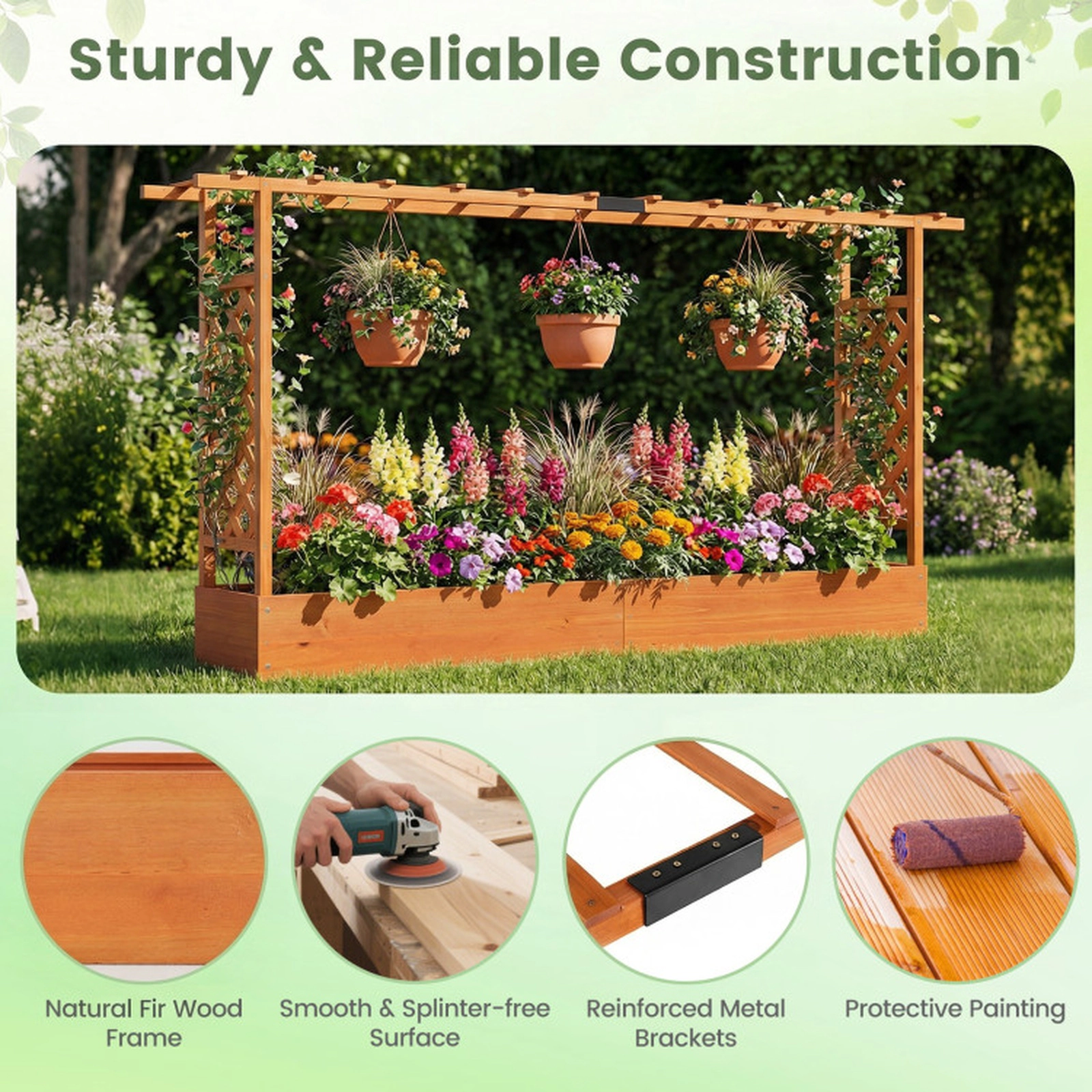 SUGIFT 45-in Tall Fir Wood Planter Raised Garden Bed with Side Trellis and Hanging Roof 110-lb Capacity Natural/Orange