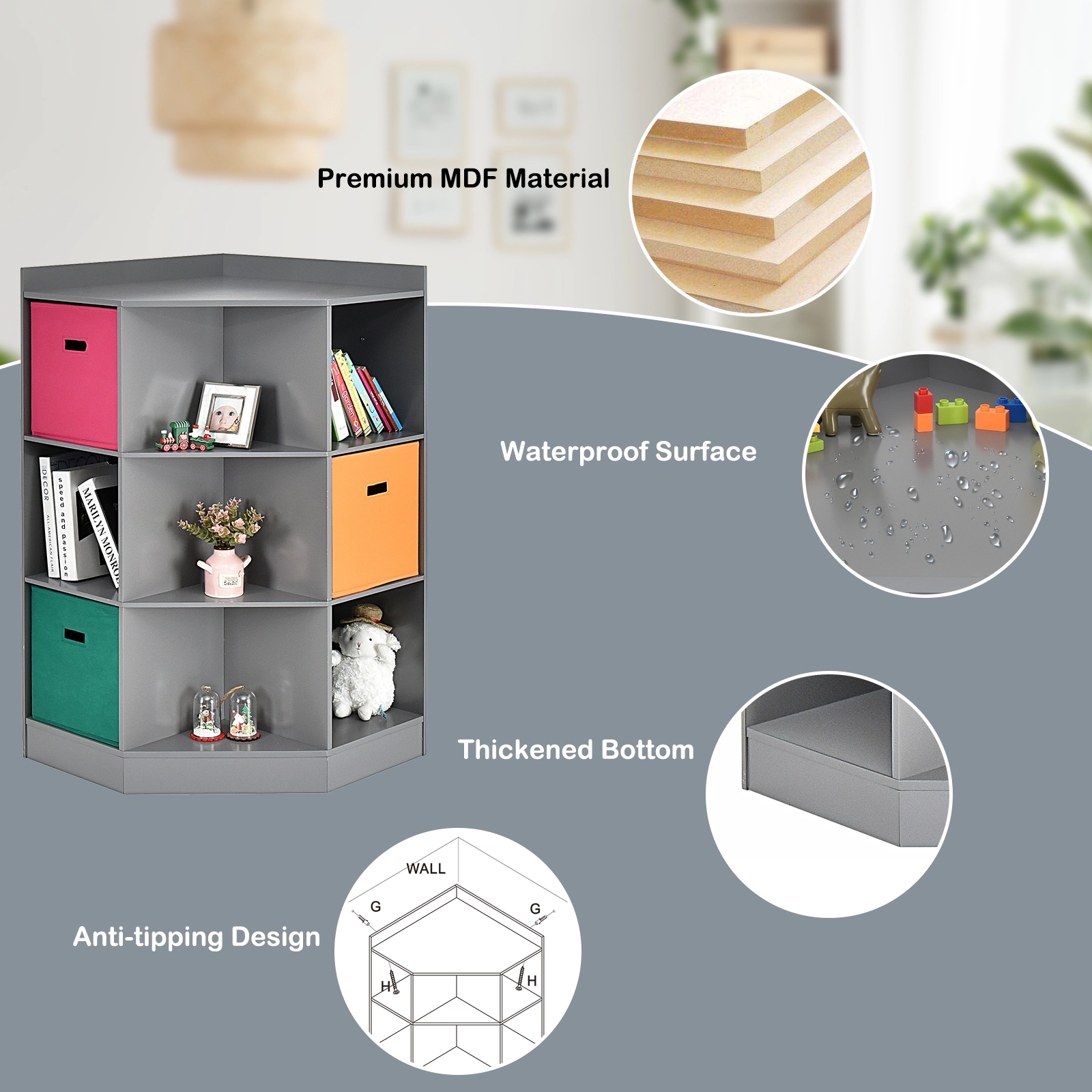 SUGIFT 3-Tier 110-lb Top Corner Kids Storage Shelf and Cabinet with 6 Square Cubes and Triangle Shelves