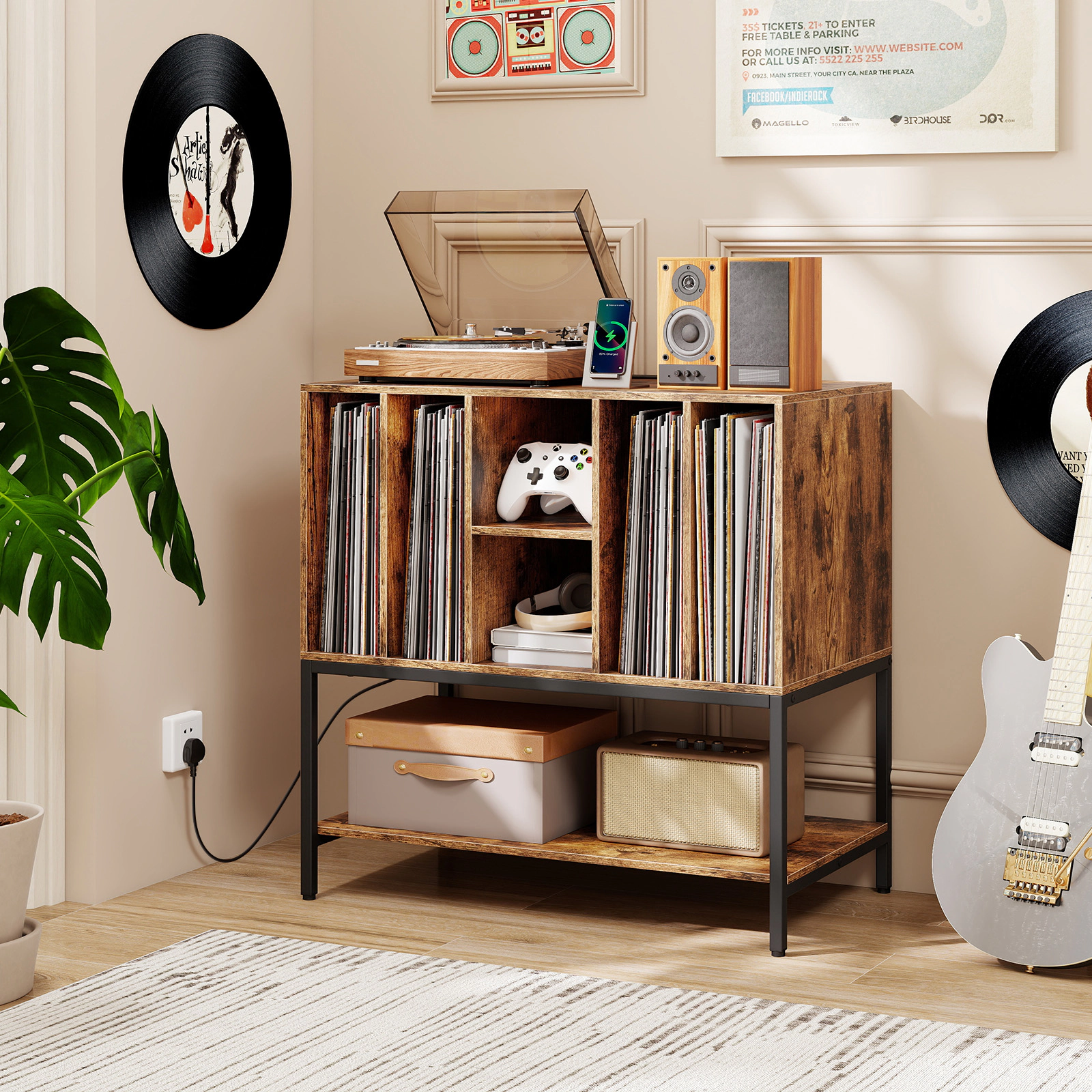 SUGIFT Record Player Stand with Charging Station and Metal Frame Accent Table 275-lb Capacity Rustic Brown & Black/White