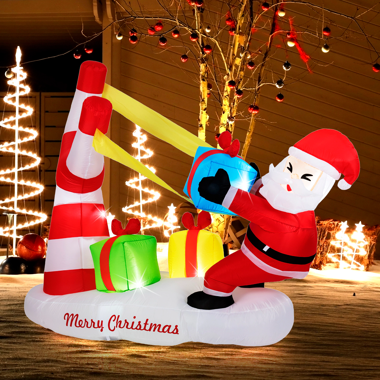 SUGIFT 7-ft Christmas Inflatable Santa with Slingshot Gift Boxes and 5 LED Lights for Blow Up Yard Decor