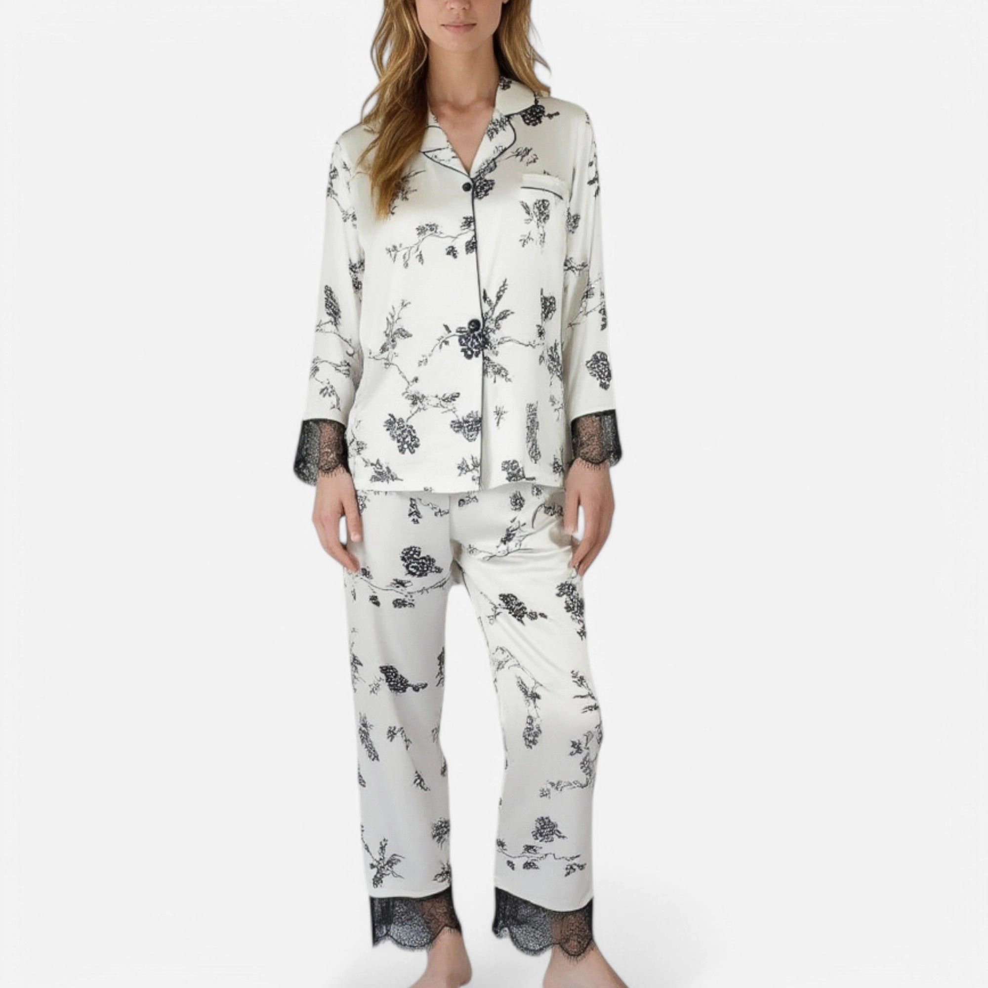 Anna-Kaci Women's Satin Pajama Set with Floral Print and Lace Trim Cuffs Hem