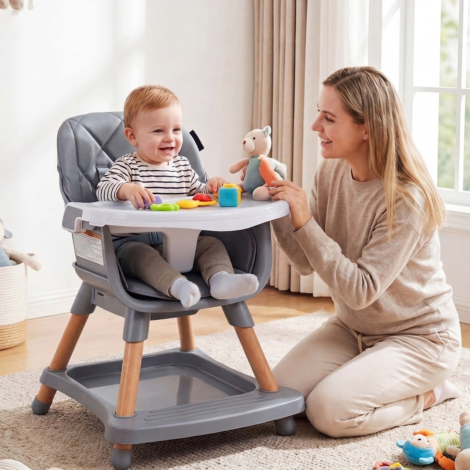 9-in-1 Convertible Beech Wood High Chair for Babies and Toddlers 66-lb Capacity Booster Straps 3-Position Double Tray