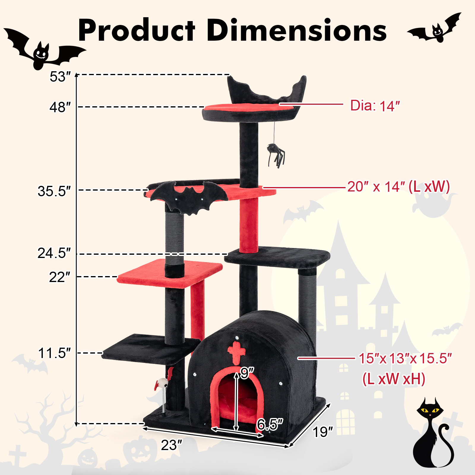 SUGIFT 53-in Tall Gothic Cat Tree Tower with Arch-Shaped Condo Plush Bed Top Perch and Scratching Posts