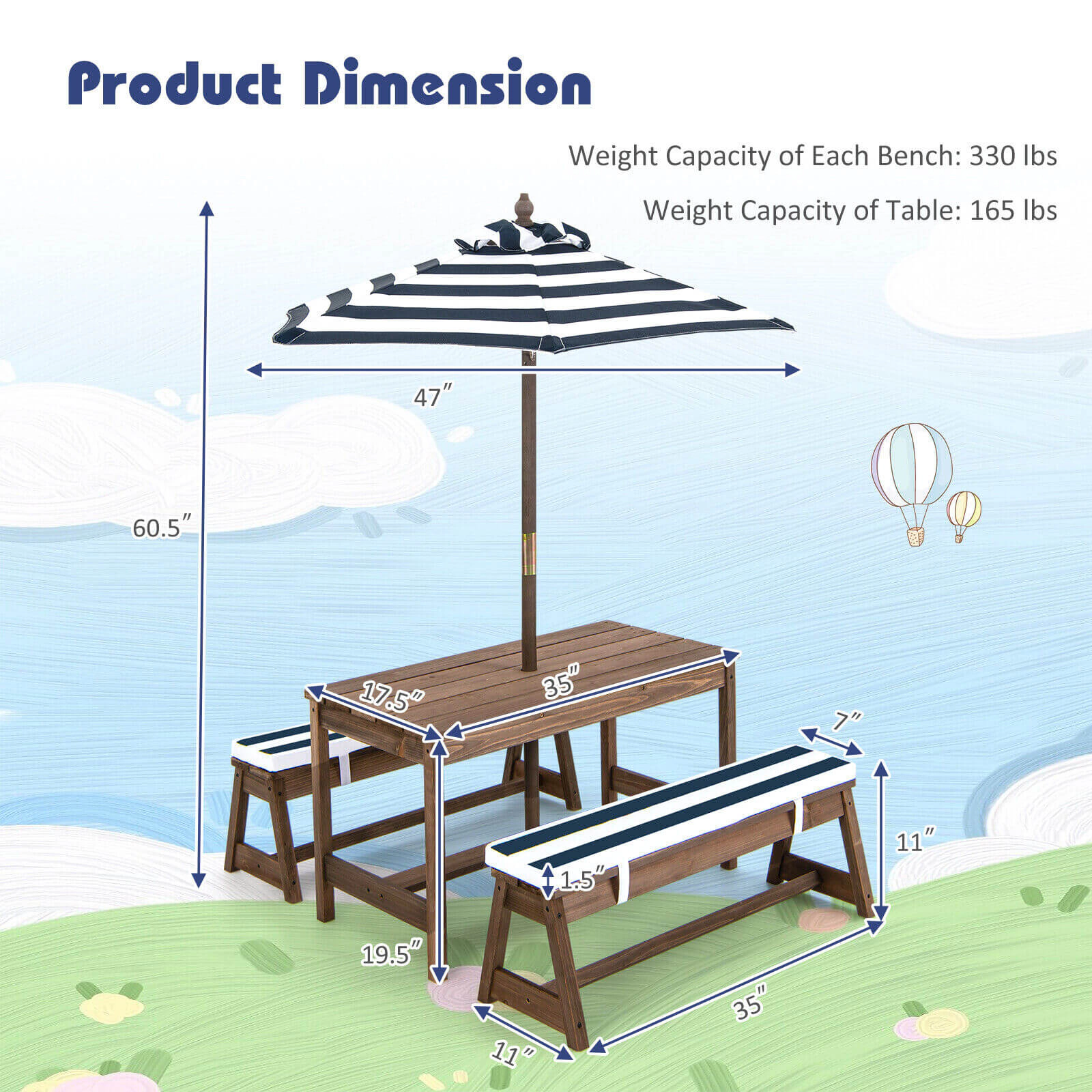 SUGIFT Kids Picnic Table Set, Fir Wood, 2 Padded Benches, Blue Adjustable Umbrella