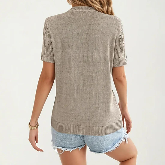 Anna-Kaci Women's Short Sleeve Open Knit Button Front Sweater Top with Crew Neck and Relaxed Fit