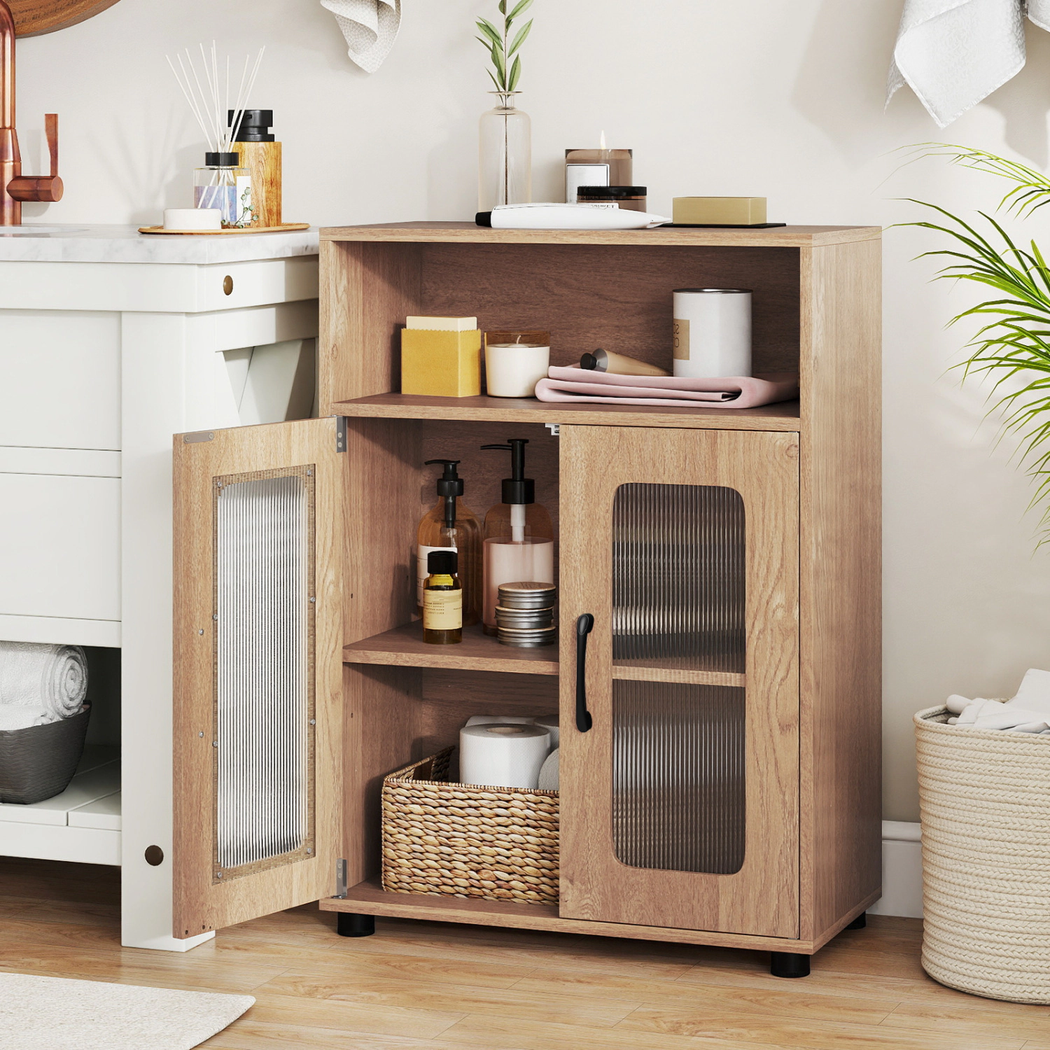 SlickBlue Freestanding Bathroom Cabinet with Double Doors & Open Shelf