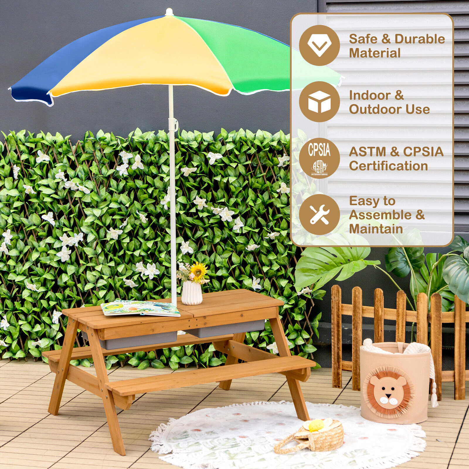 SUGIFT Umbrella and Sand Water Play Boxes Kids 3-in-1 Outdoor Fir Wood Picnic Table