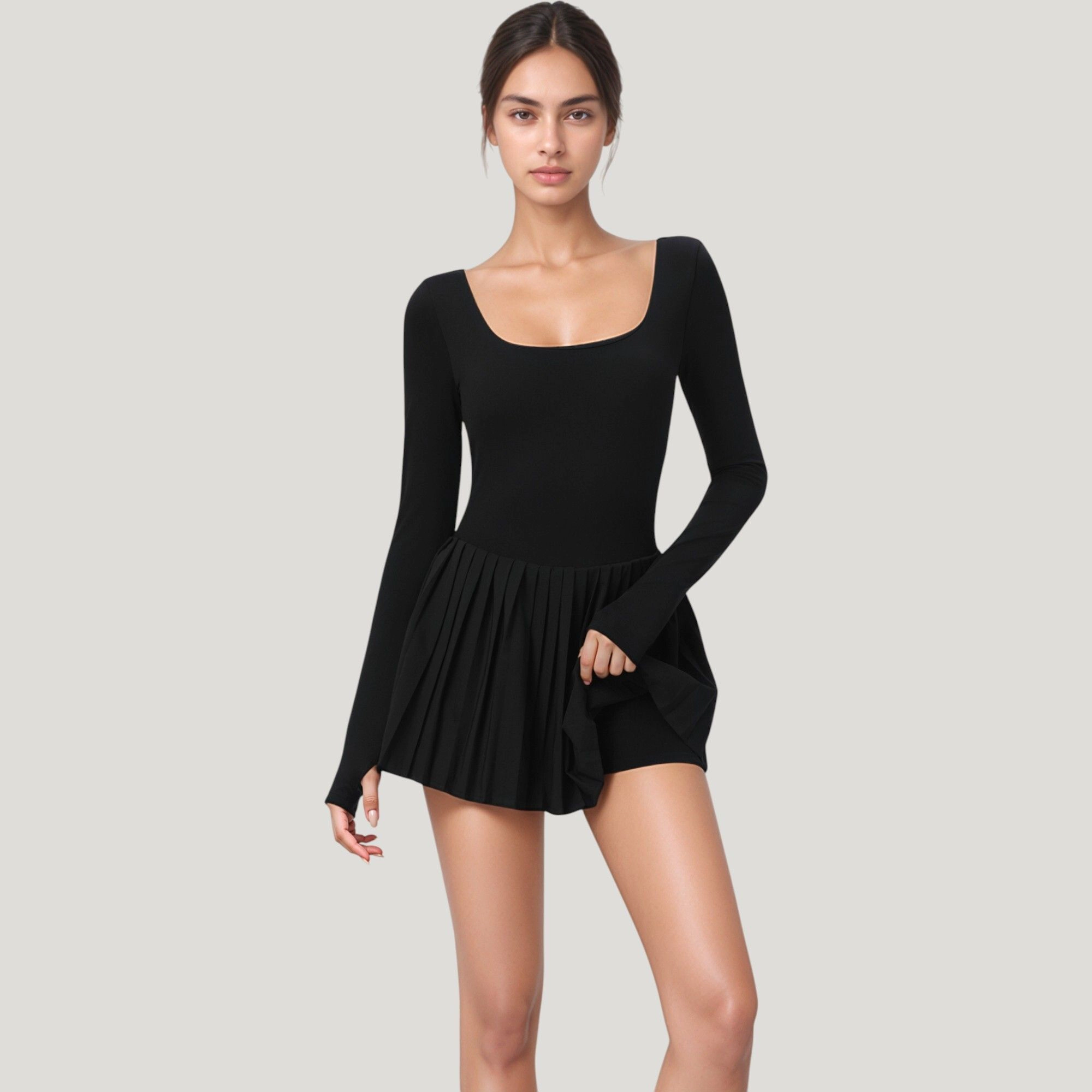 Anna-Kaci Women's Long Sleeve Pleated Skirt Active Dress with Scoop Neckline
