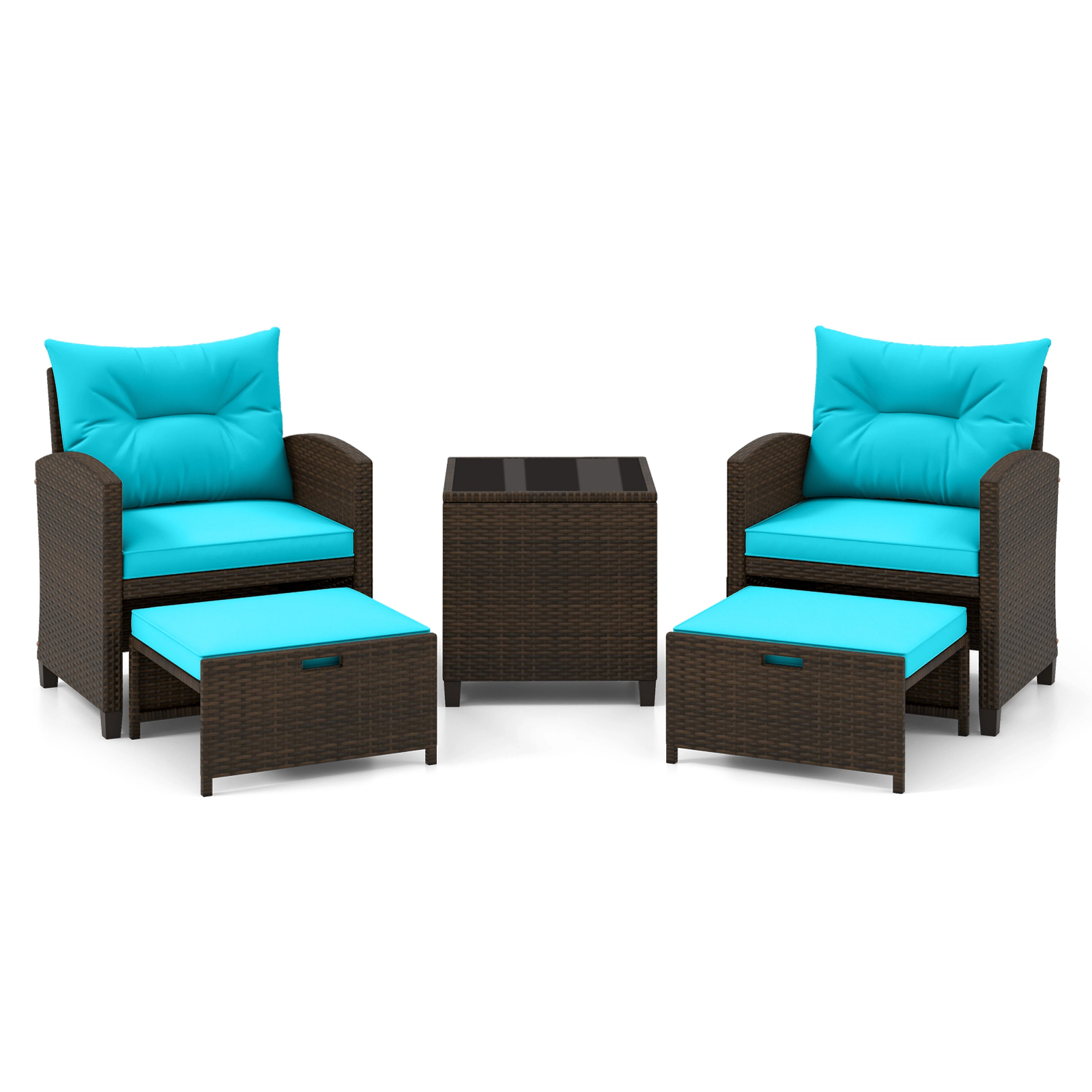LJG 5 Pieces Patio Rattan Furniture with 2 Ottomans and Tempered Glass Coffee Table