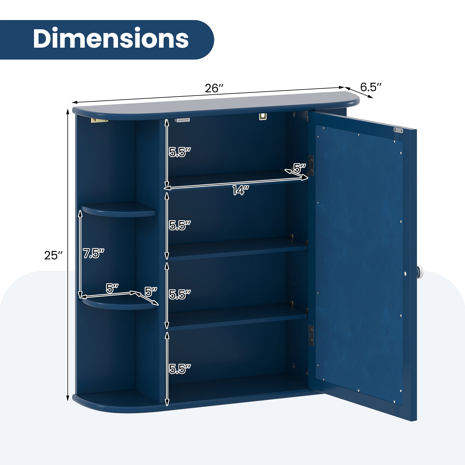 SUGIFT Wall-Mounted Bathroom Mirror Cabinet with Storage Shelves 44-lb Top Capacity Blue