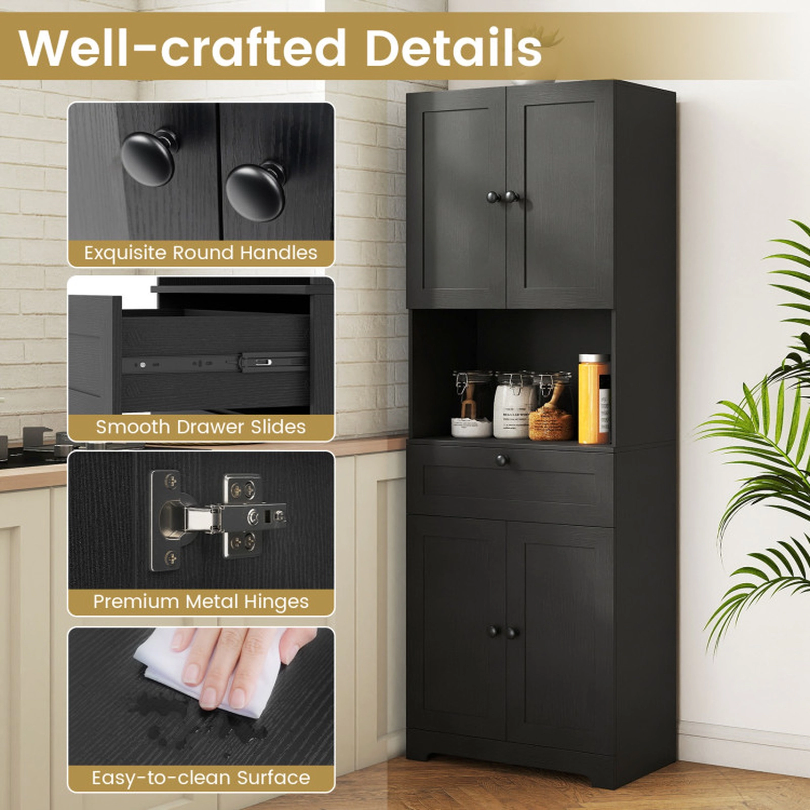 SUGIFT Tall Freestanding Floor Storage Cabinet with 4 Doors 1 Drawer 243-lb Capacity Black