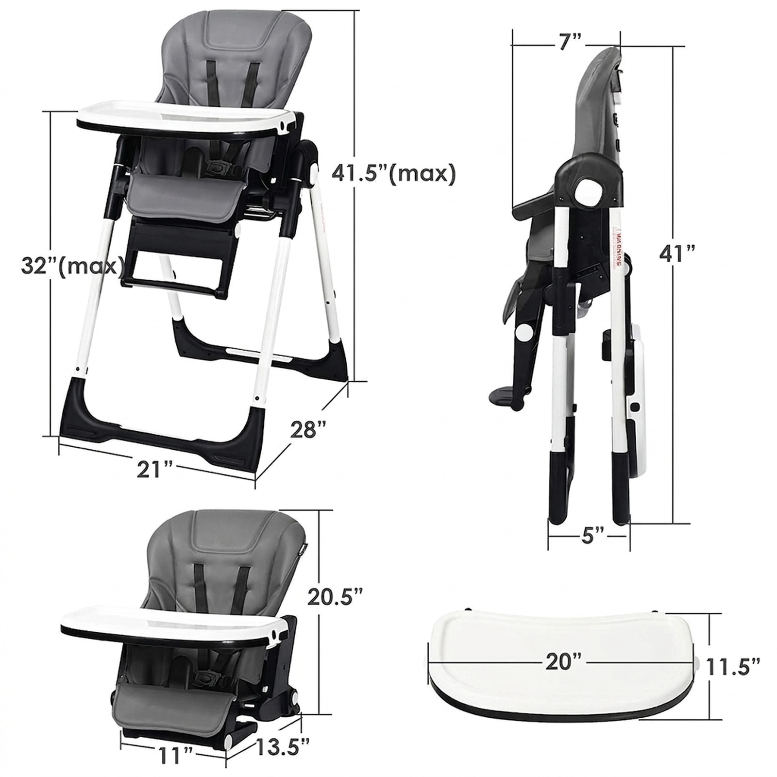 Reclining Newborn High Chair 5-Position Backrest 7 Seat Heights Detachable Double Tray for 0 to 36 Months Gray