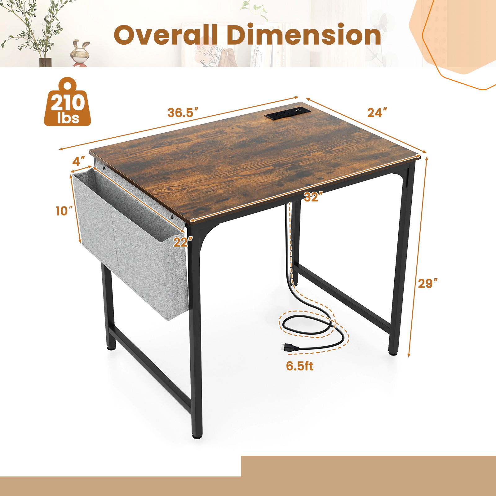 SUGIFT Rustic Brown 32-Inch Computer Desk with Charging Station, USB Port, Headphone Hook and Storage Bag