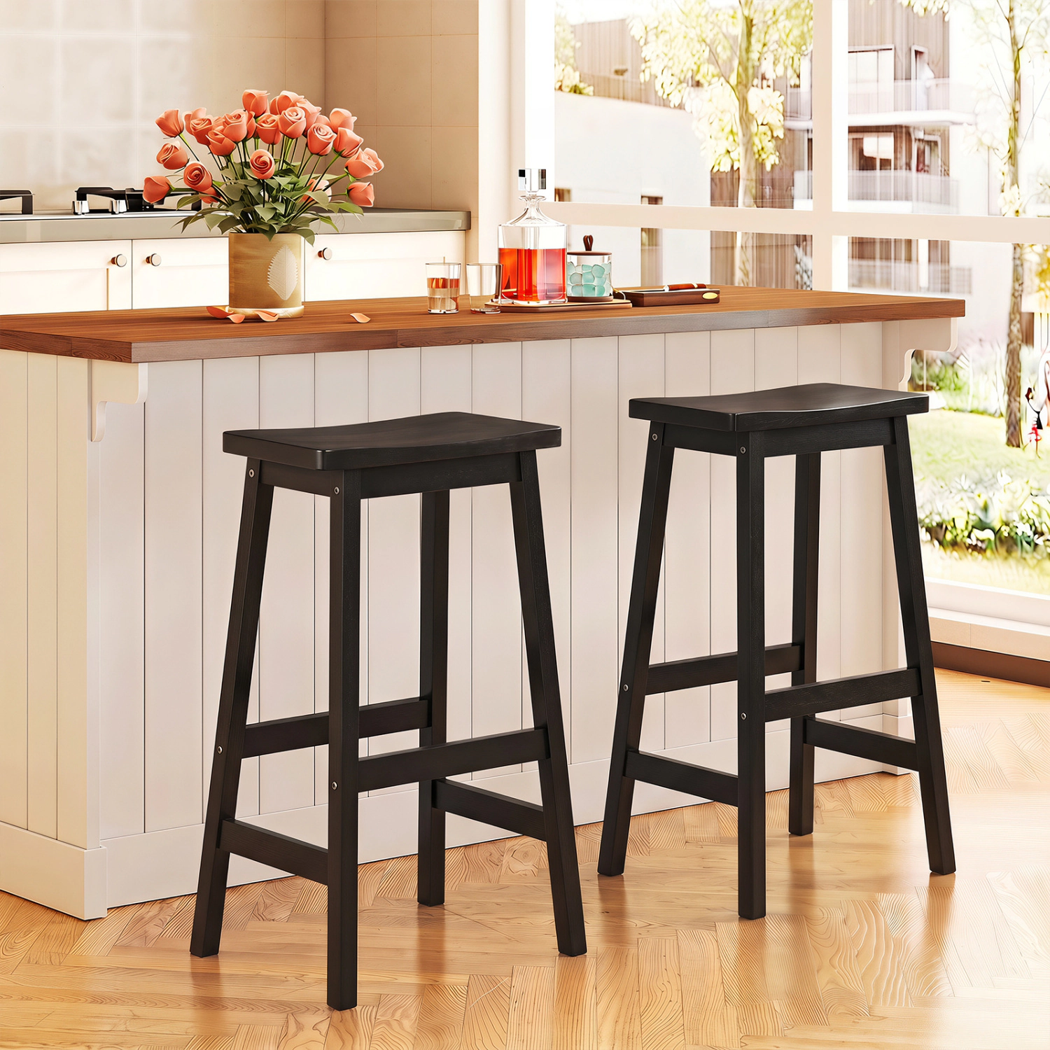 SUGIFT Set of 2 Black 29 in. Backless Rubber Wood Saddle Bar Stools