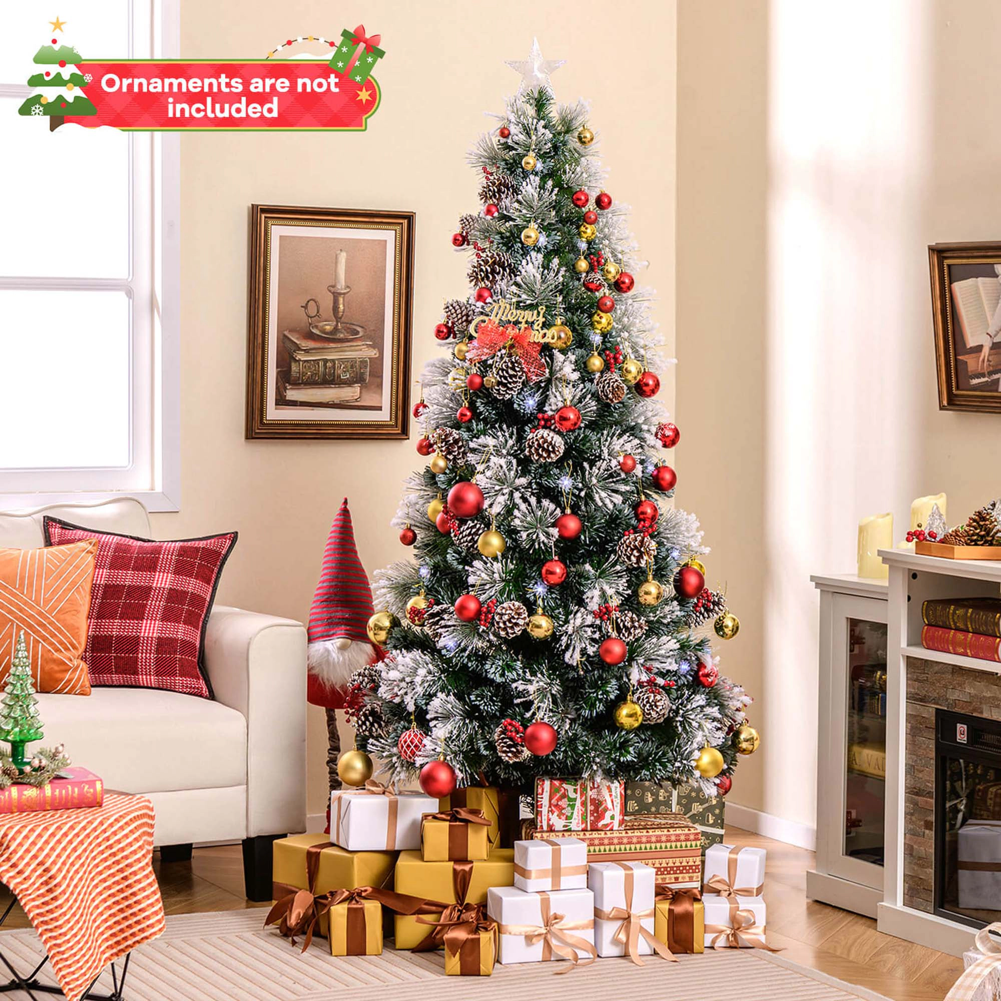 Costway 6 FT Flocked Christmas Tree Artificial Xmas Tree with 220 Branch Tips &Pine Needles