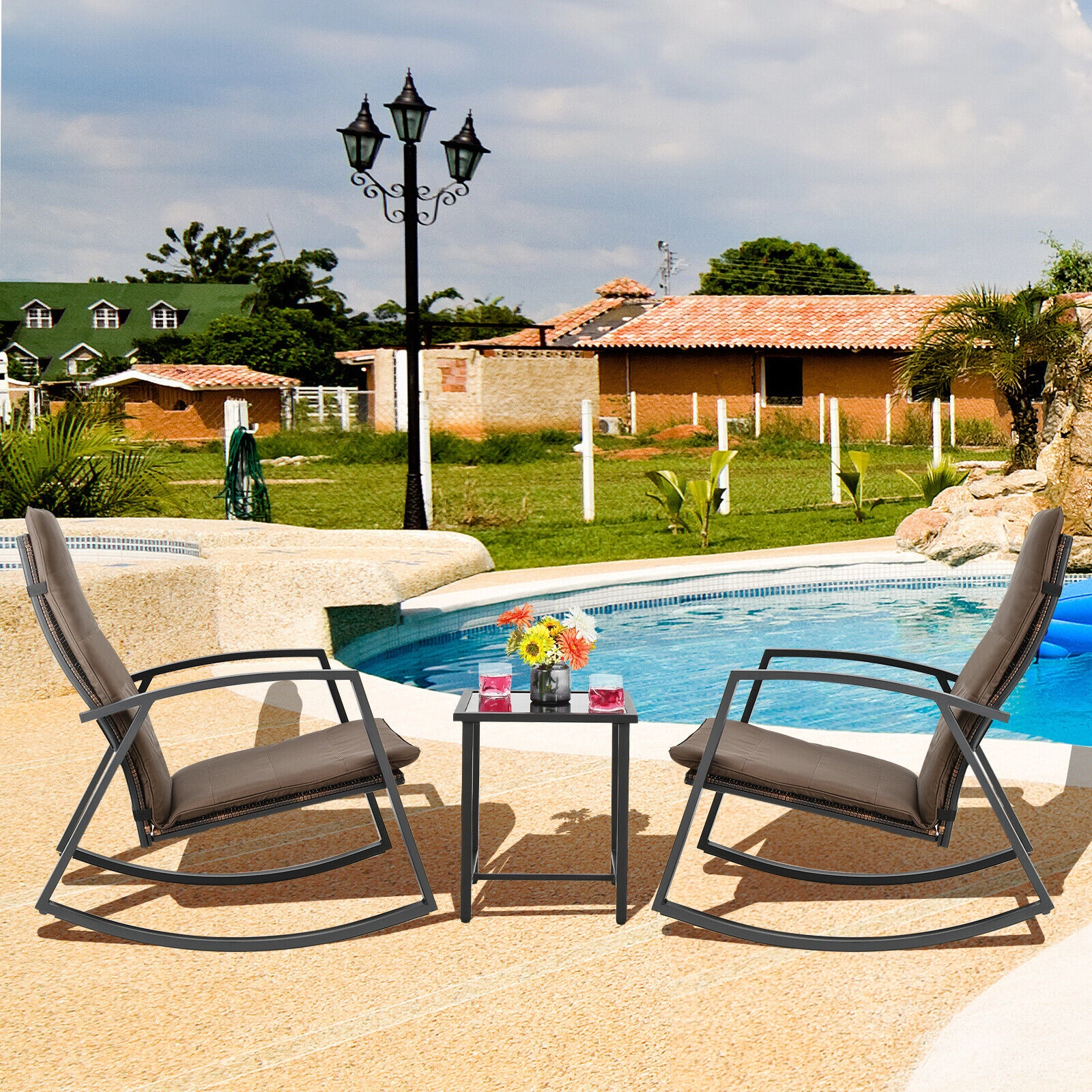 LJG 3 Pieces Patio Rattan Rocking Furniture Set