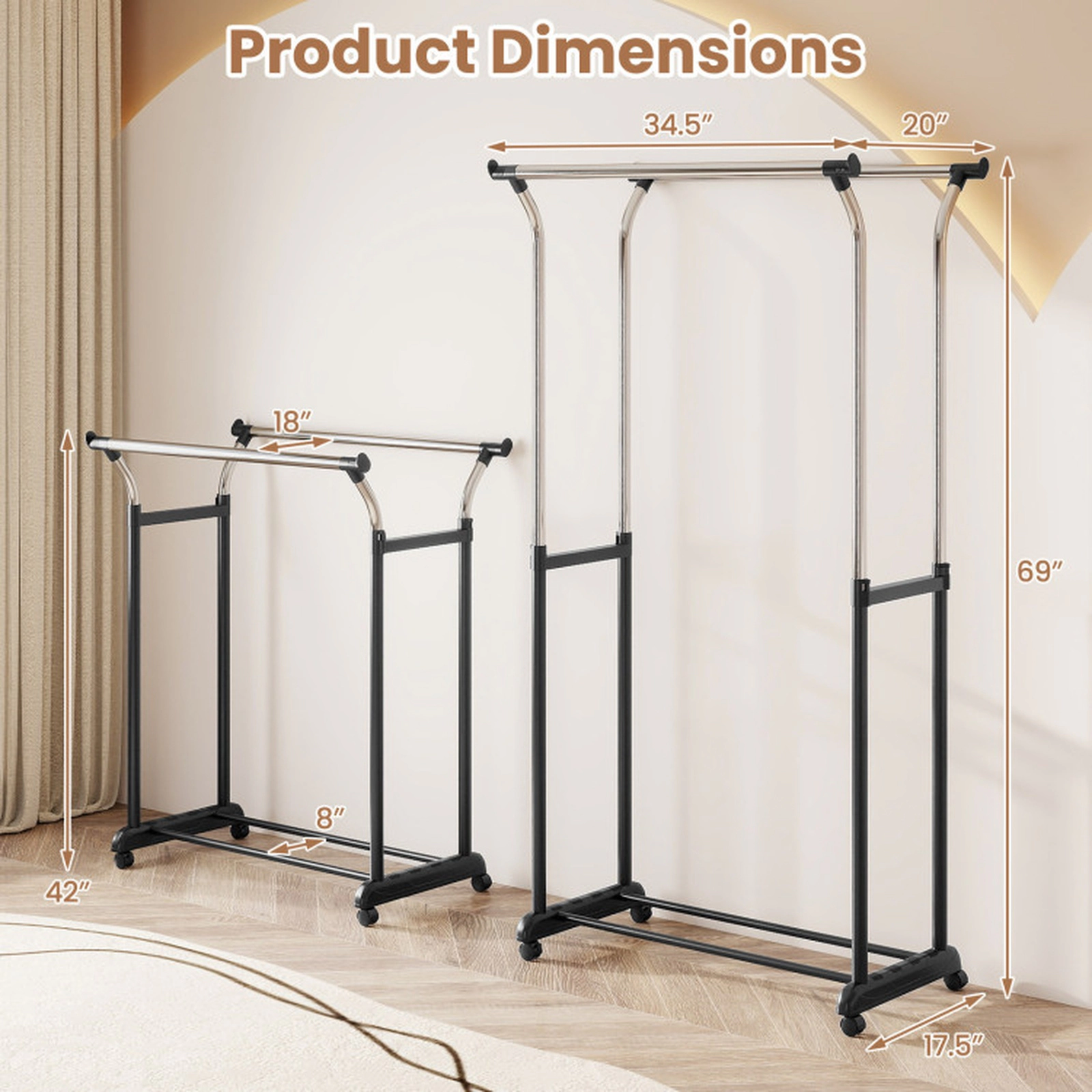 SUGIFT 42 to 69-in Adjustable Height 33-lb Rod Capacity Black Rolling Double Rod Clothes Garment Rack