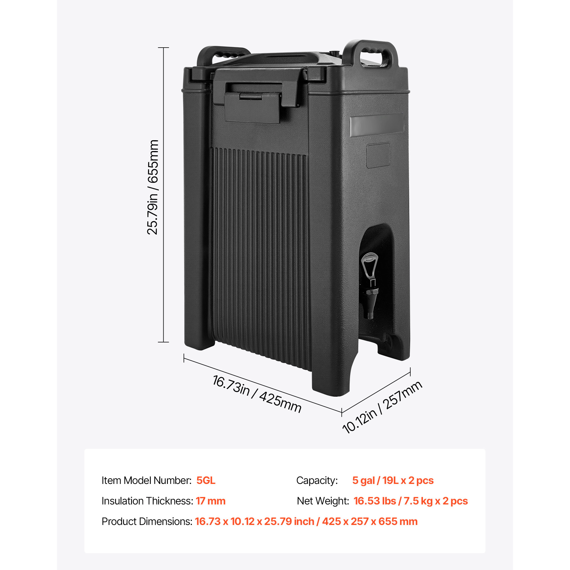 HONGGE Insulated Beverage Dispenser 5 Gal / 19L Hot and Cold Beverage Server with Spigot & Handle Food-Grade Thermal