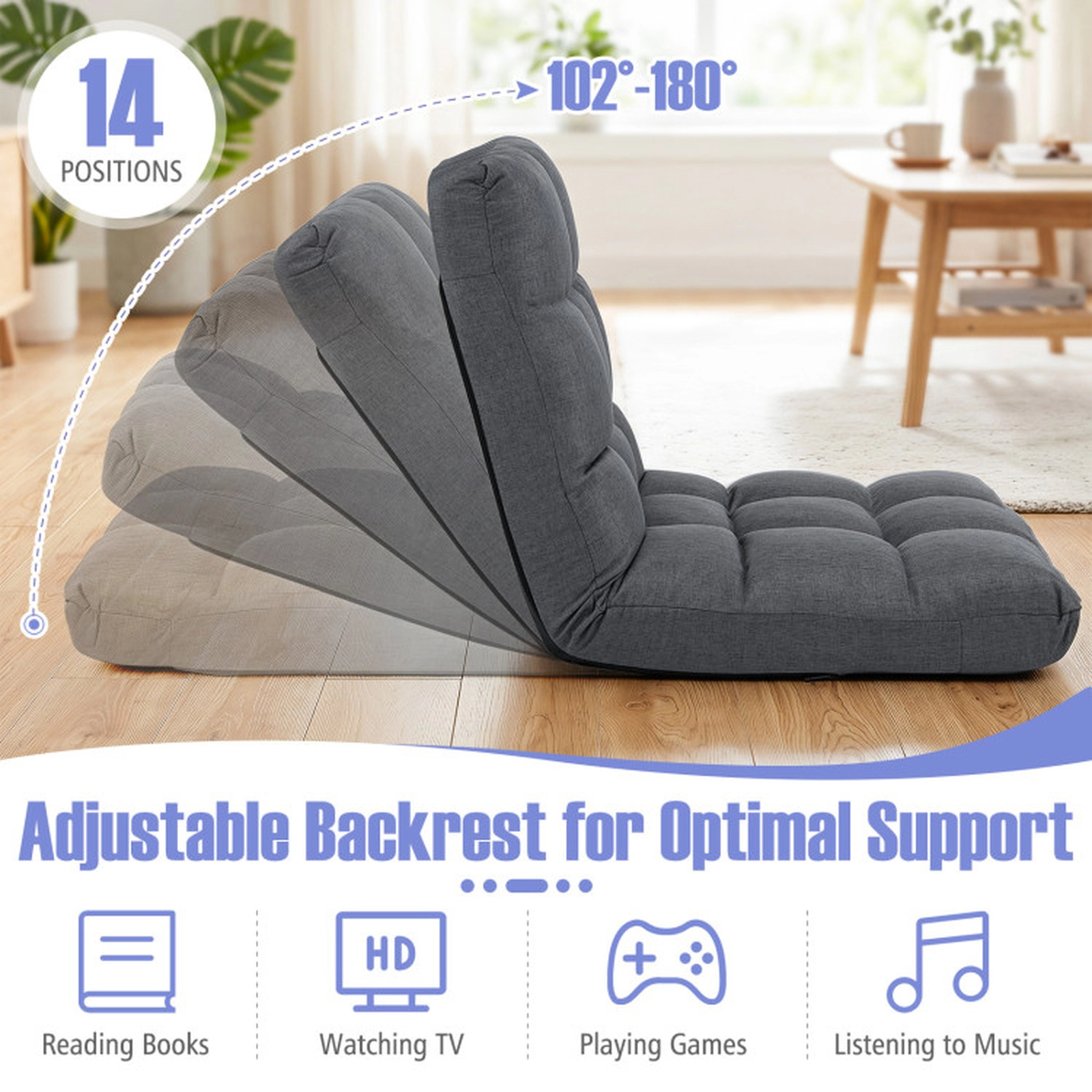 SUGIFT 14-Position Adjustable 264-lb Capacity Gray Cotton Linen Folding Lazy Floor Gaming Sofa Recliner