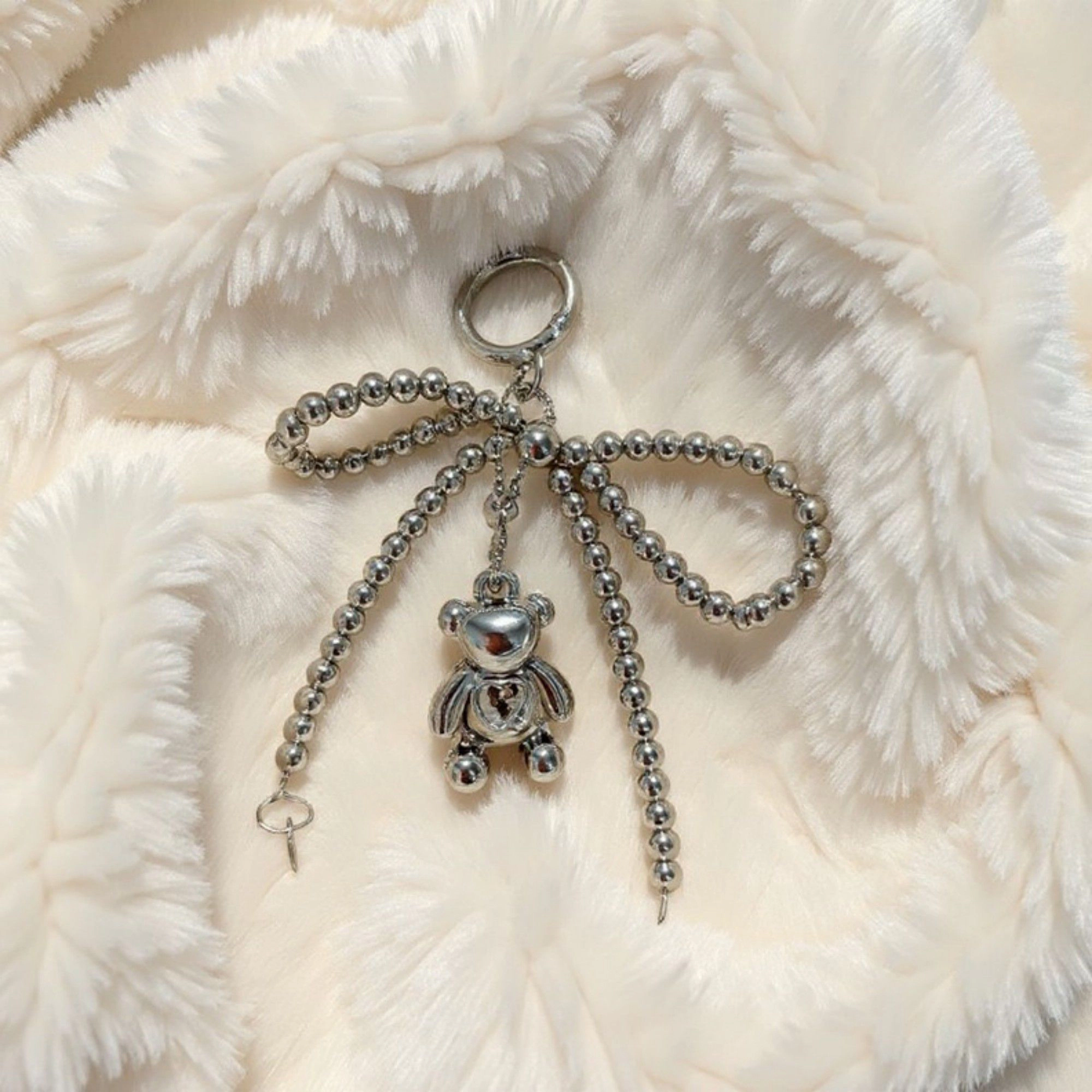 Alilang Women's Metallic Beaded Bow Keychain with Crystal Bear Charm and Ring Accent