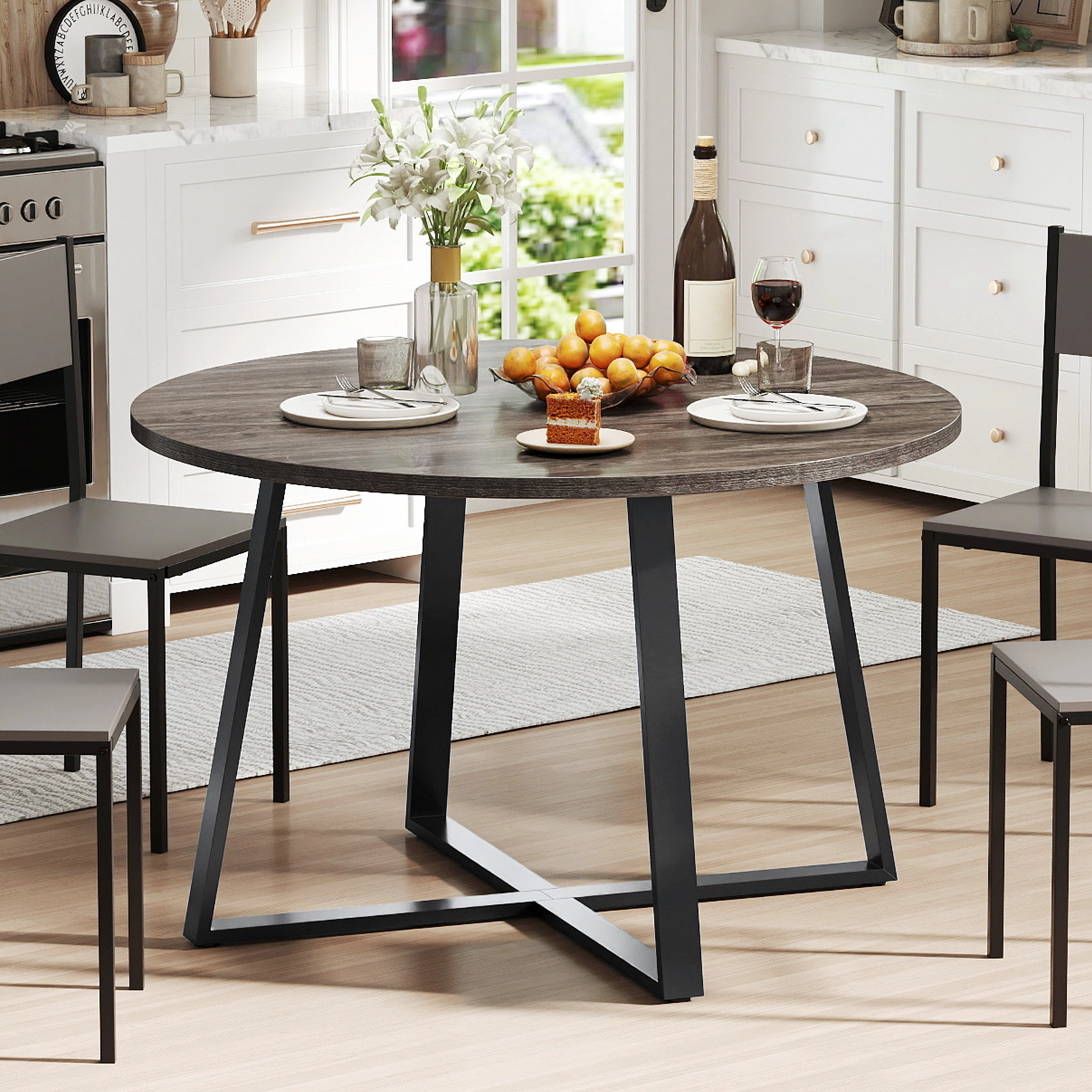 LJG 47 Inch Round Dining Table with Stable x-Shaped Base and Thickened Tabletop