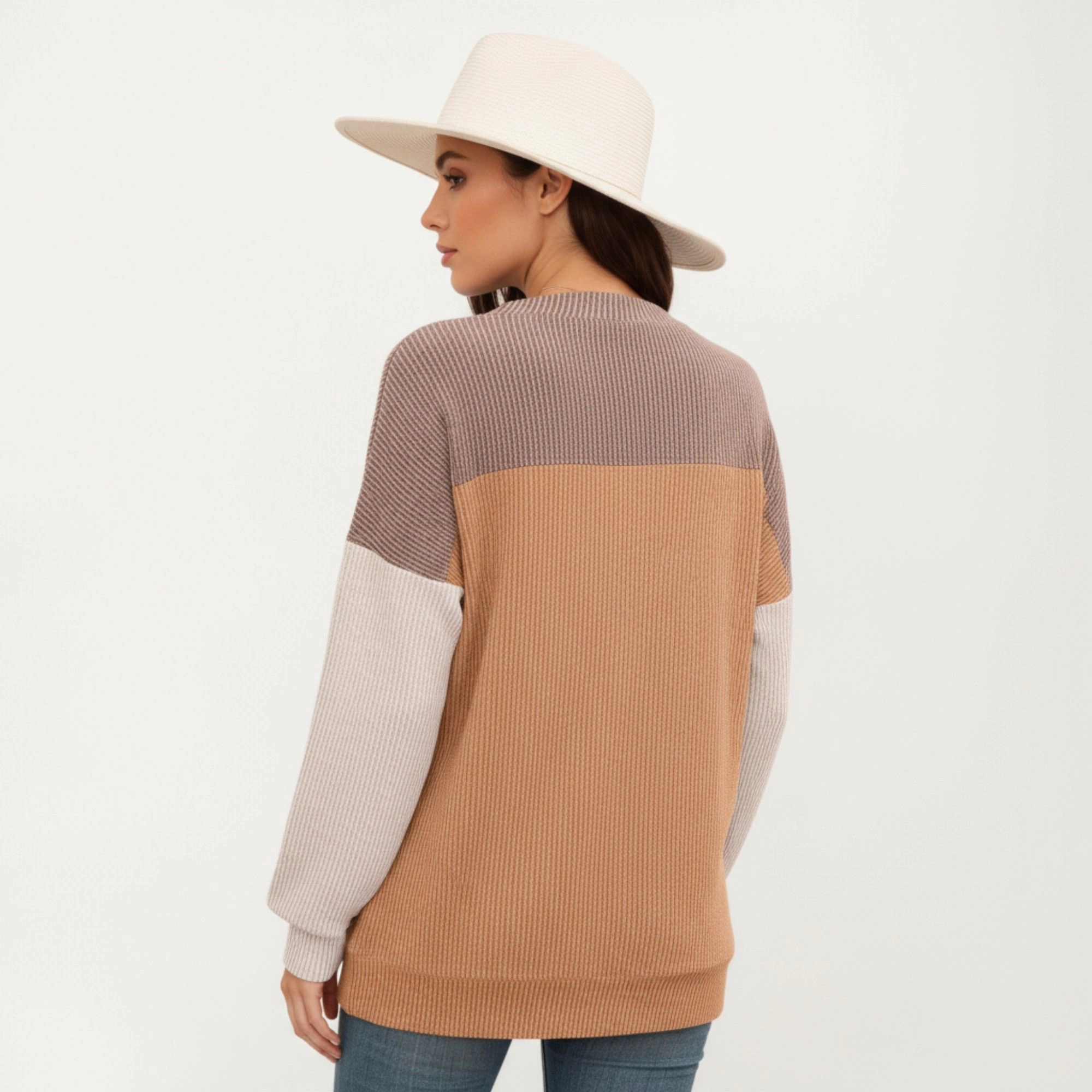 Anna-Kaci Women's Tri-Tone Colorblock Crew Neck Relaxed Fit Long Sleeve Pullover Top
