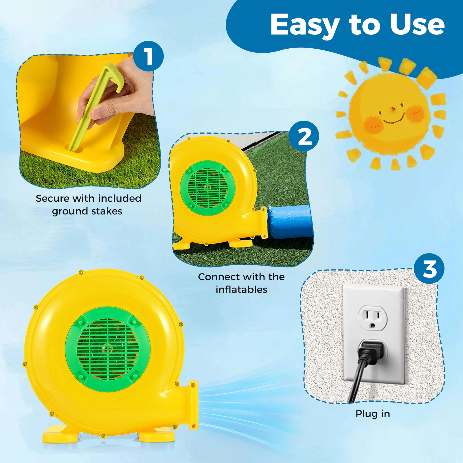 SUGIFT Yellow 480W Blower for Kids Bounce House with Carry Handle and 2 Ground Stakes 14-in W 7.5-in D 13.5-in H
