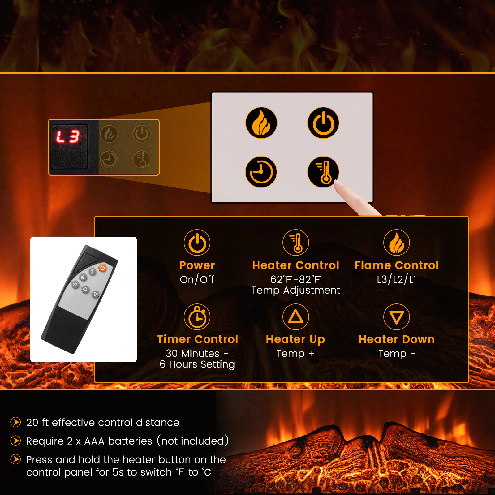 SUGIFT 3-Level LED Flame Electric Fireplace Insert 23-Inch Black Iron Glass with Remote Control and 5,000 BTUs