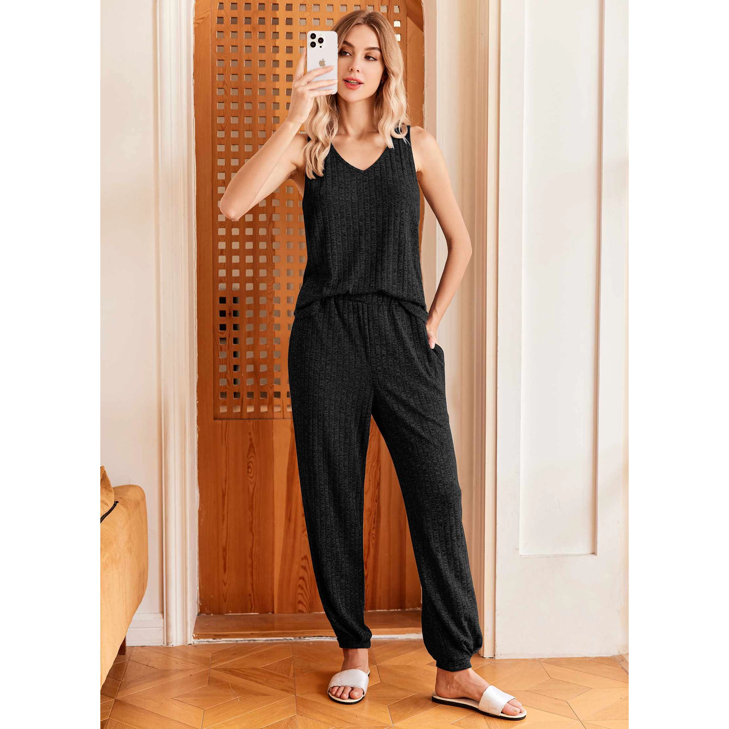 Ekouaer Pajamas Sleeveless Summer Lounge Set Ribbed Knit Pj Loungewear Tank Top with Jogger