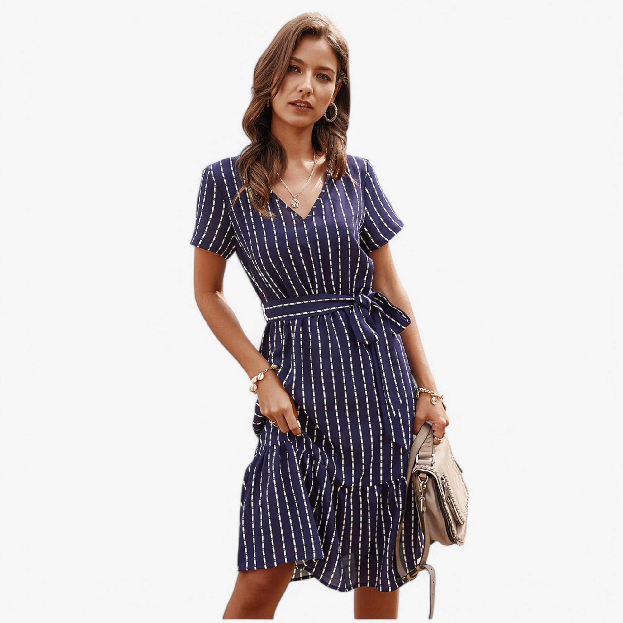 Anna-Kaci Women's V Neck Short Sleeve Tiered Waist Tie Midi Dress
